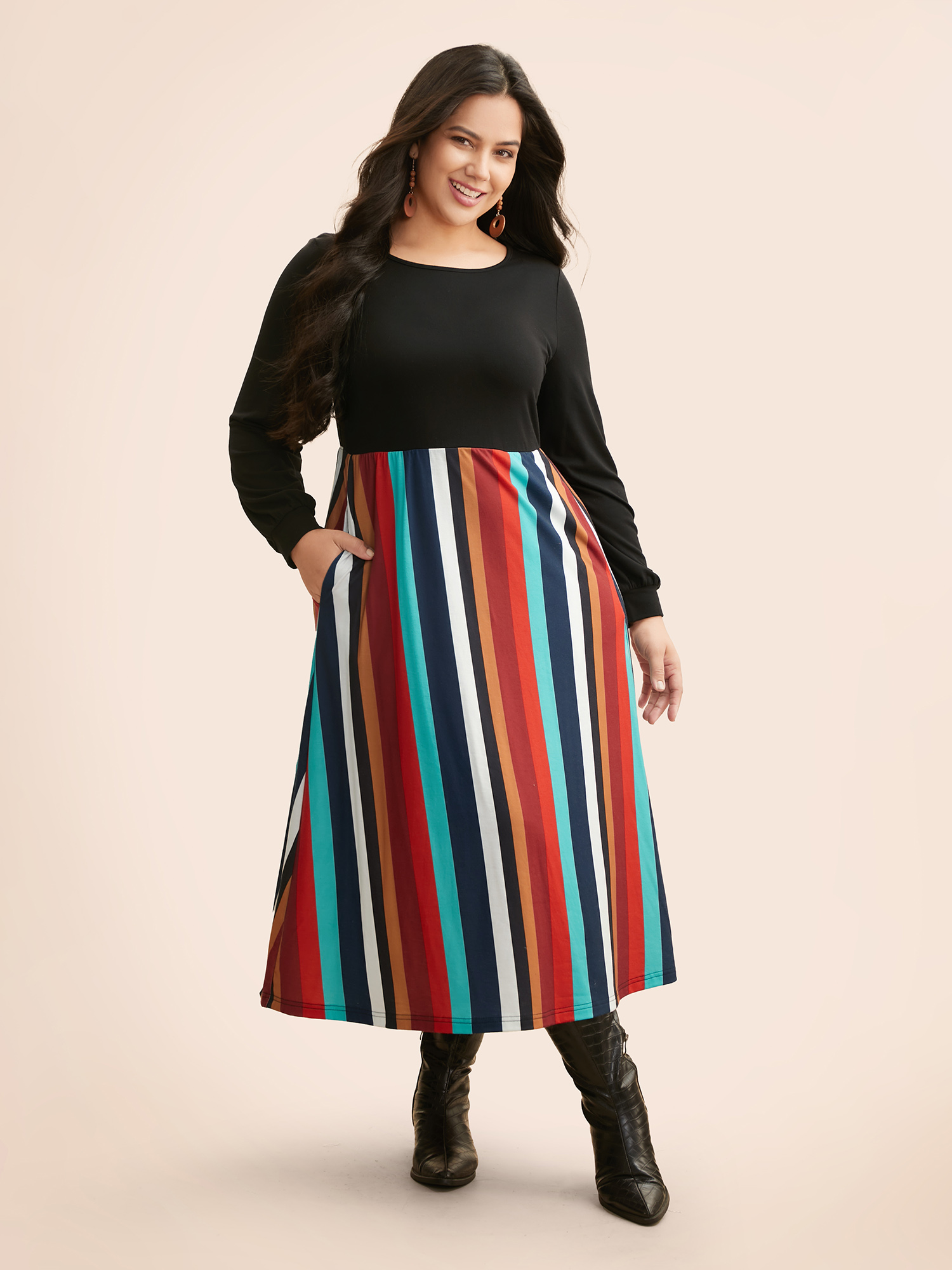 

Plus Size Round Neck Contrast Striped Patchwork Midi Dress Black Women Casual Contrast Round Neck Long Sleeve Curvy BloomChic