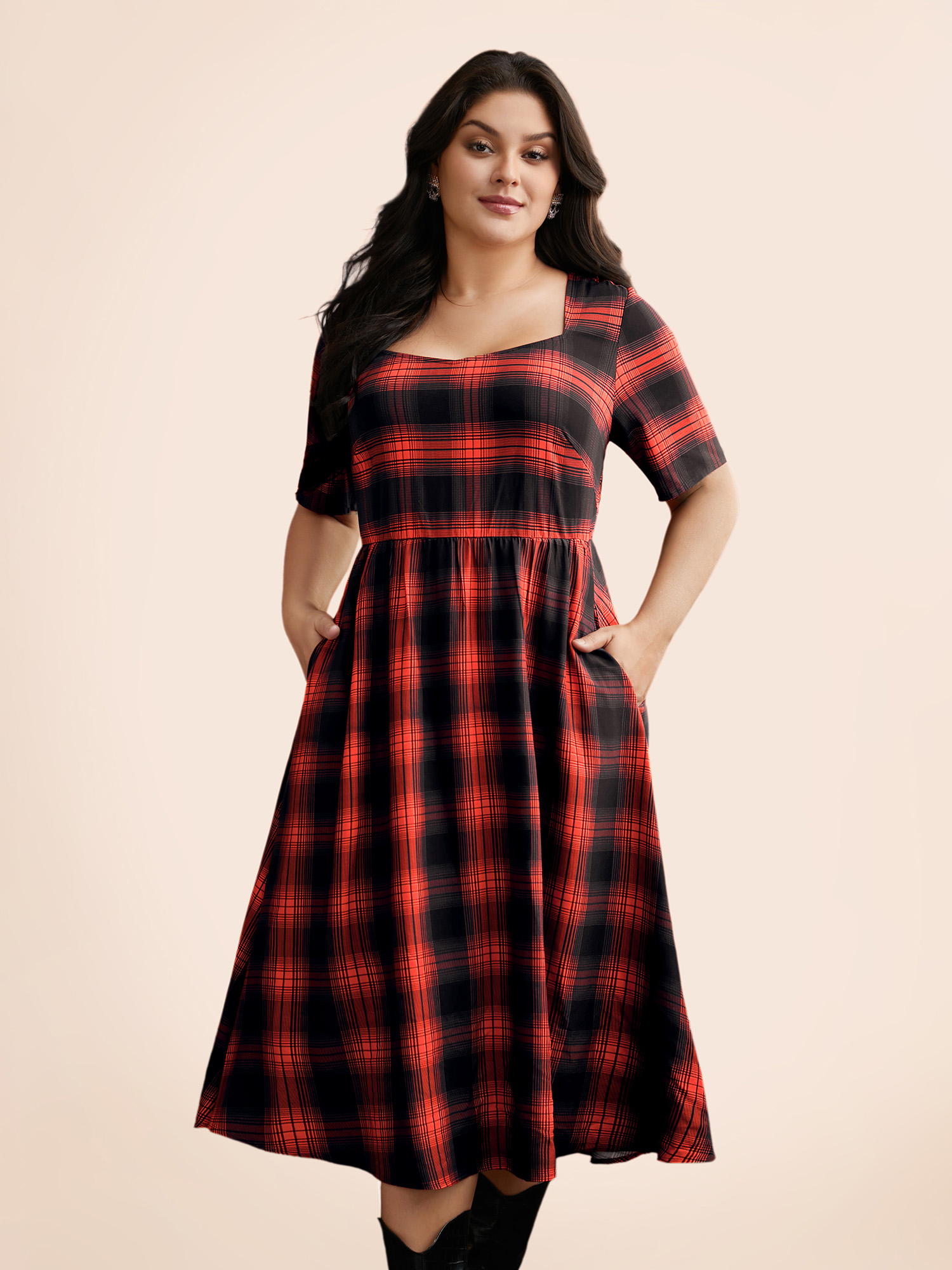 

Plus Size Stretchy Plaid Contrast Splicing Midi Dress Black Women Cocktail Non Party Curvy Bloomchic