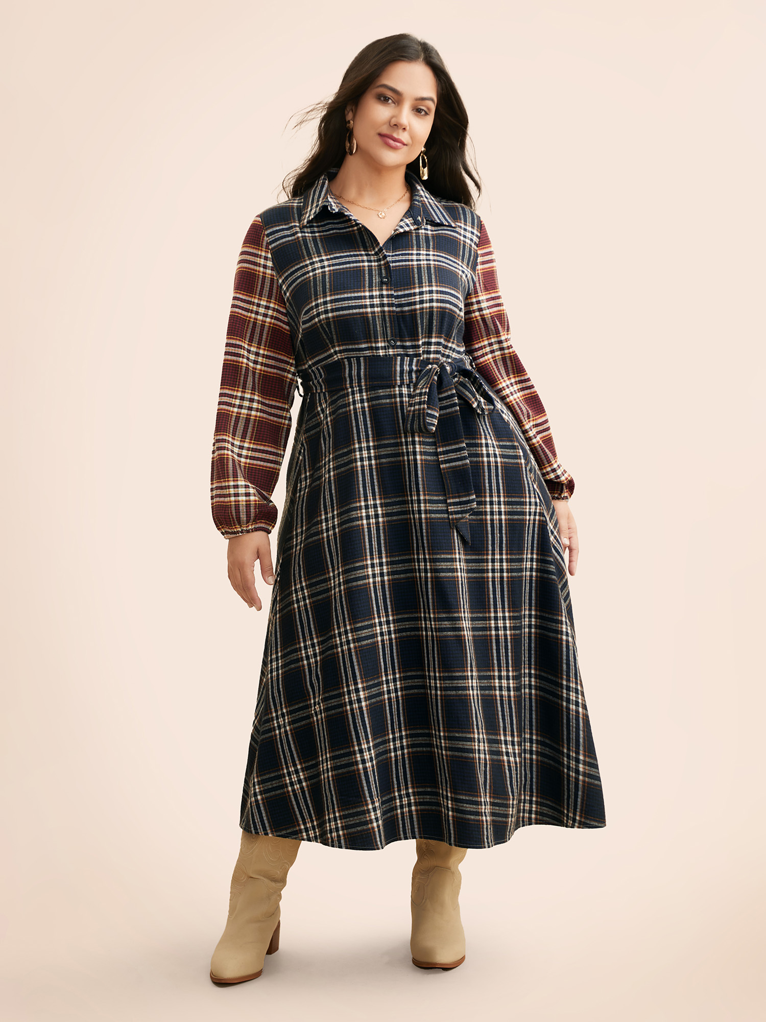 

Plus Size Shirt Collar Plaid Contrast Belted Dress Multicolor Women Basics Belted Shirt collar Long Sleeve Curvy BloomChic