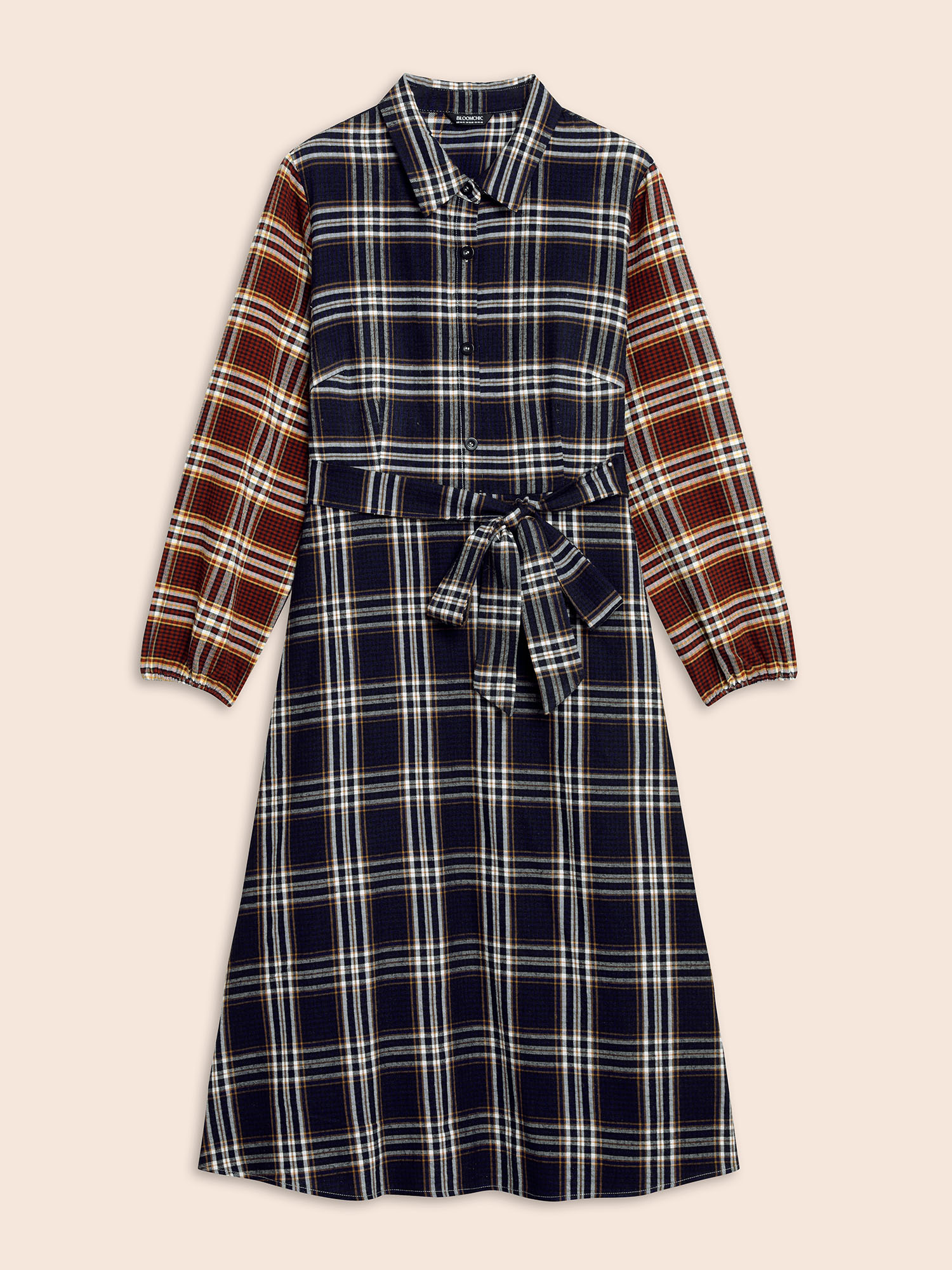 

Plus Size Shirt Collar Plaid Contrast Belted Dress Multicolor Women Casual Belted Shirt collar Long Sleeve Curvy BloomChic