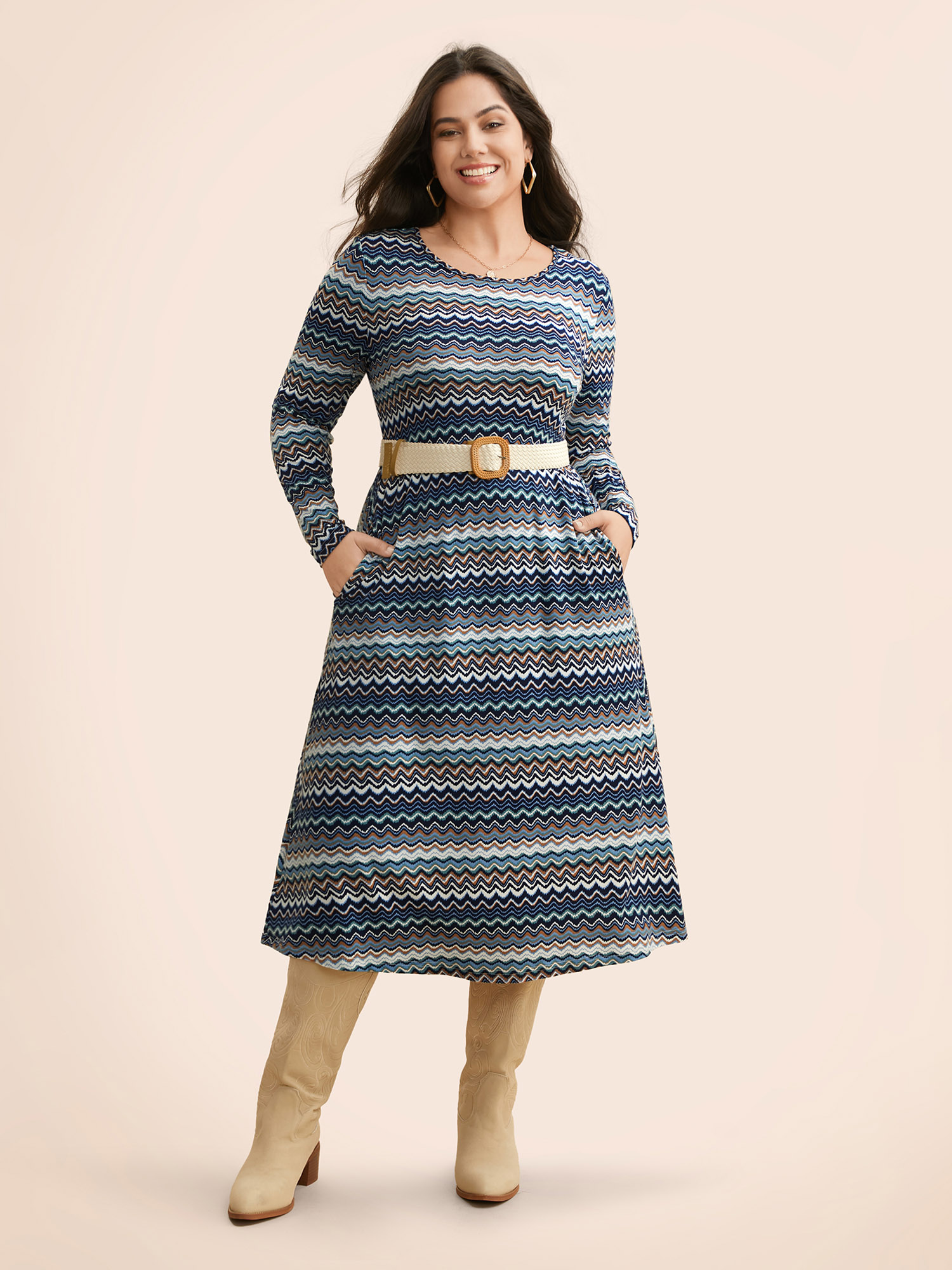 

Plus Size Contrast Striped Crew Neck Midi Knit Dress Aegean Women Casual Contrast Knit Dresses Bloomchic