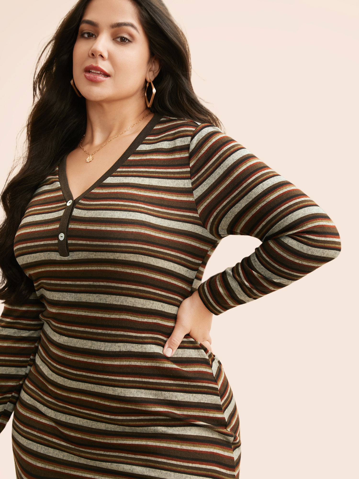 

Plus Size Contrast Striped Split Hem Knit Dress Multicolor Women Casual Button Knit Dresses Bloomchic