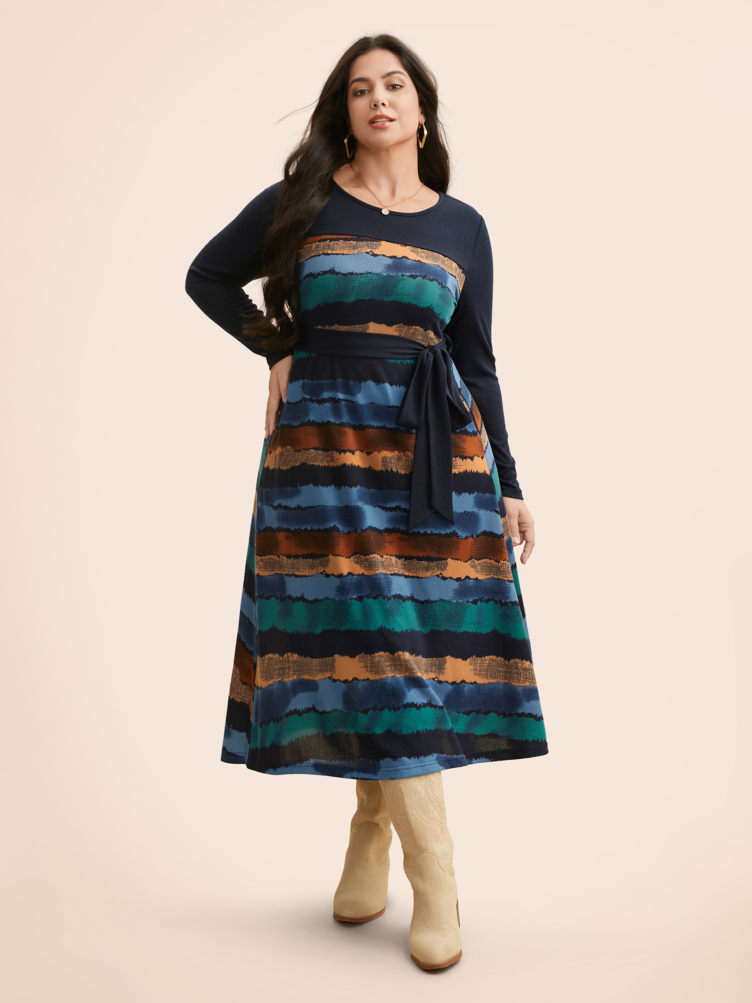 

Plus Size Contrast Striped Round Neck Midi Dress Indigo Women Casual Belted Knit Dresses Bloomchic