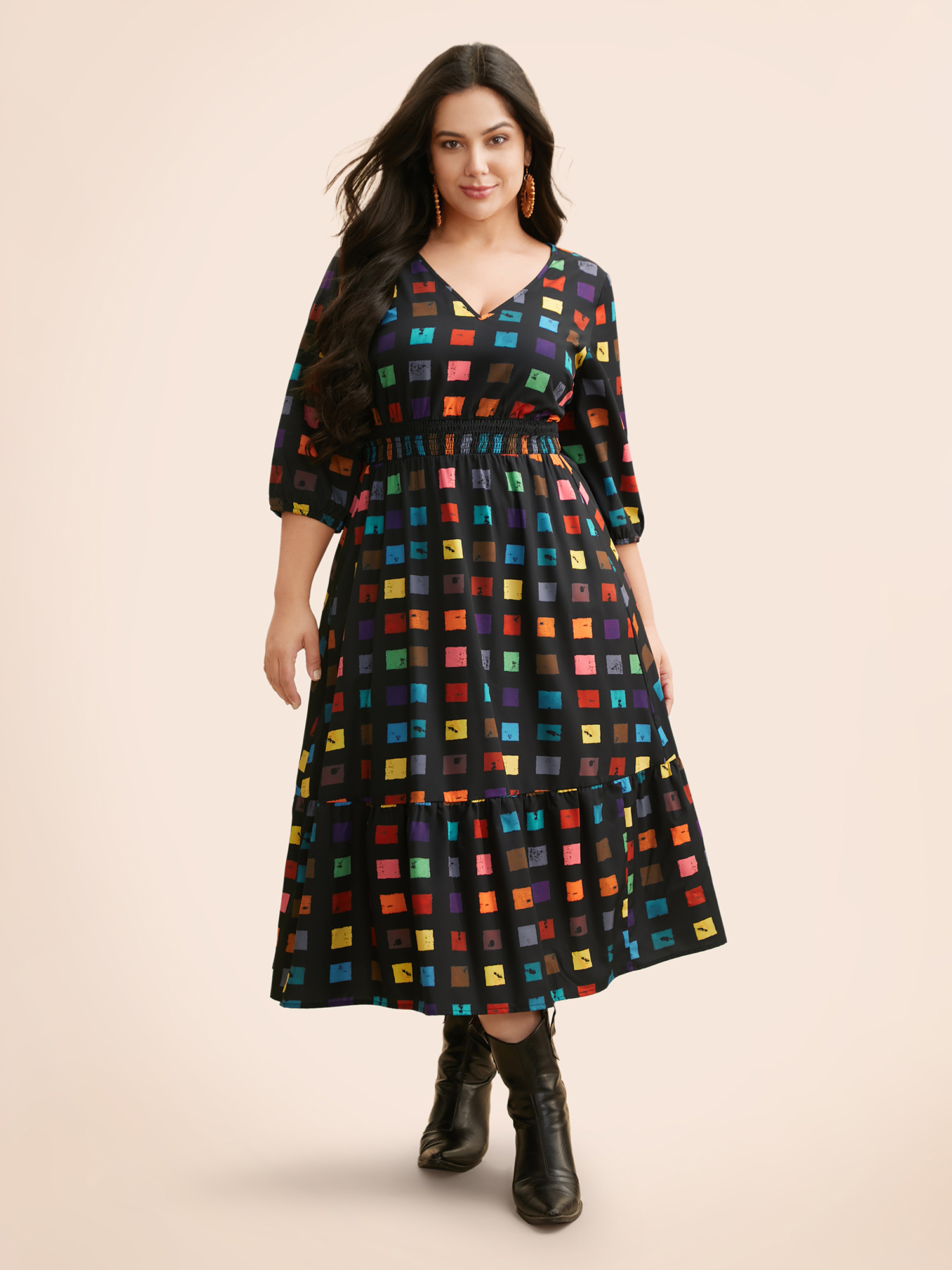 

Plus Size Colorblock Contrast Shirred Lantern Sleeve Dress BlackFlower Women Casual Shirred V-neck Elbow-length sleeve Curvy BloomChic