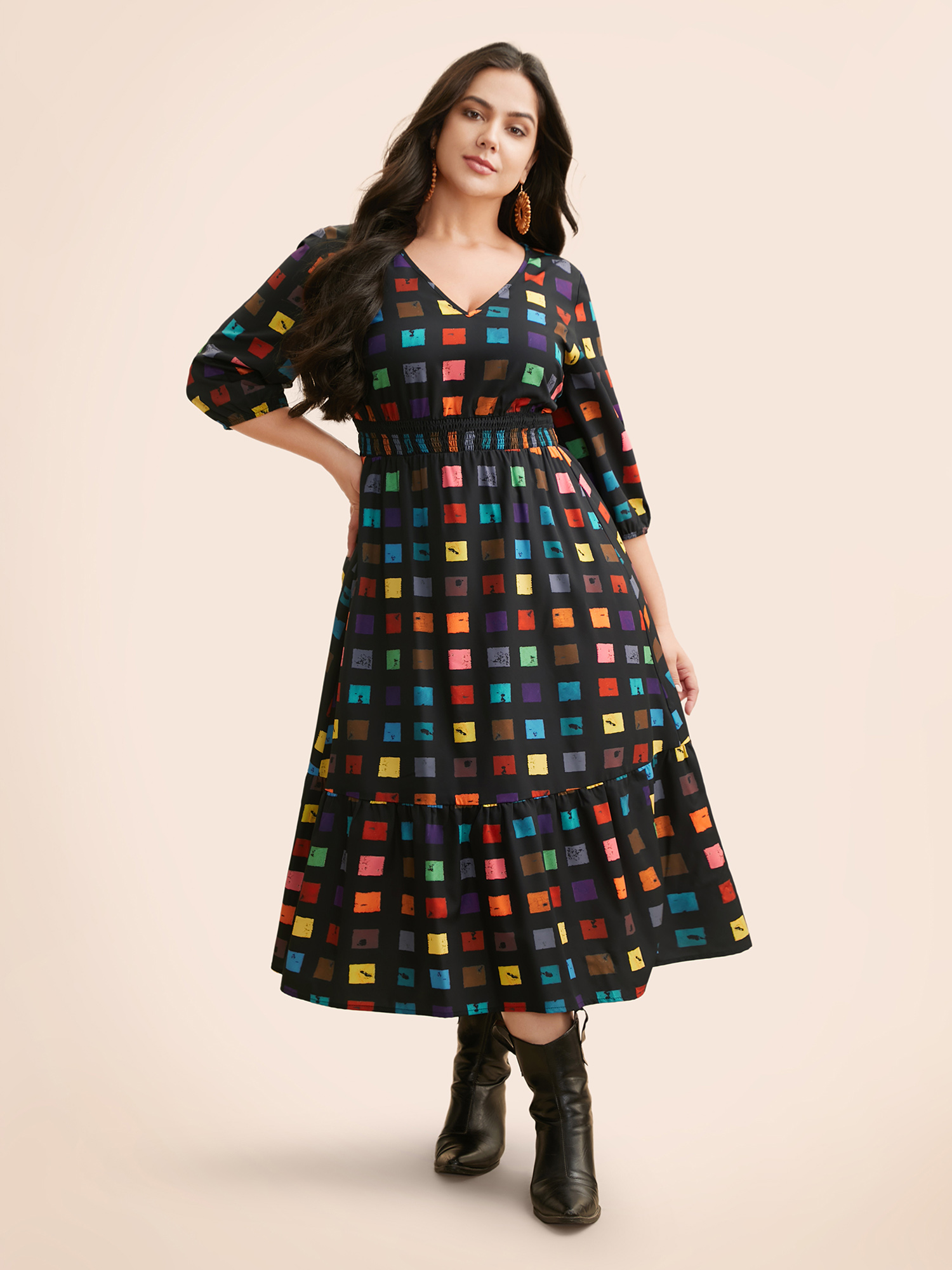 Plus Size Colorblock Contrast Shirred Lantern Sleeve Dress BlackFlower Women Casual Shirred V-neck Elbow-length sleeve Curvy BloomChic 14-16/1X 