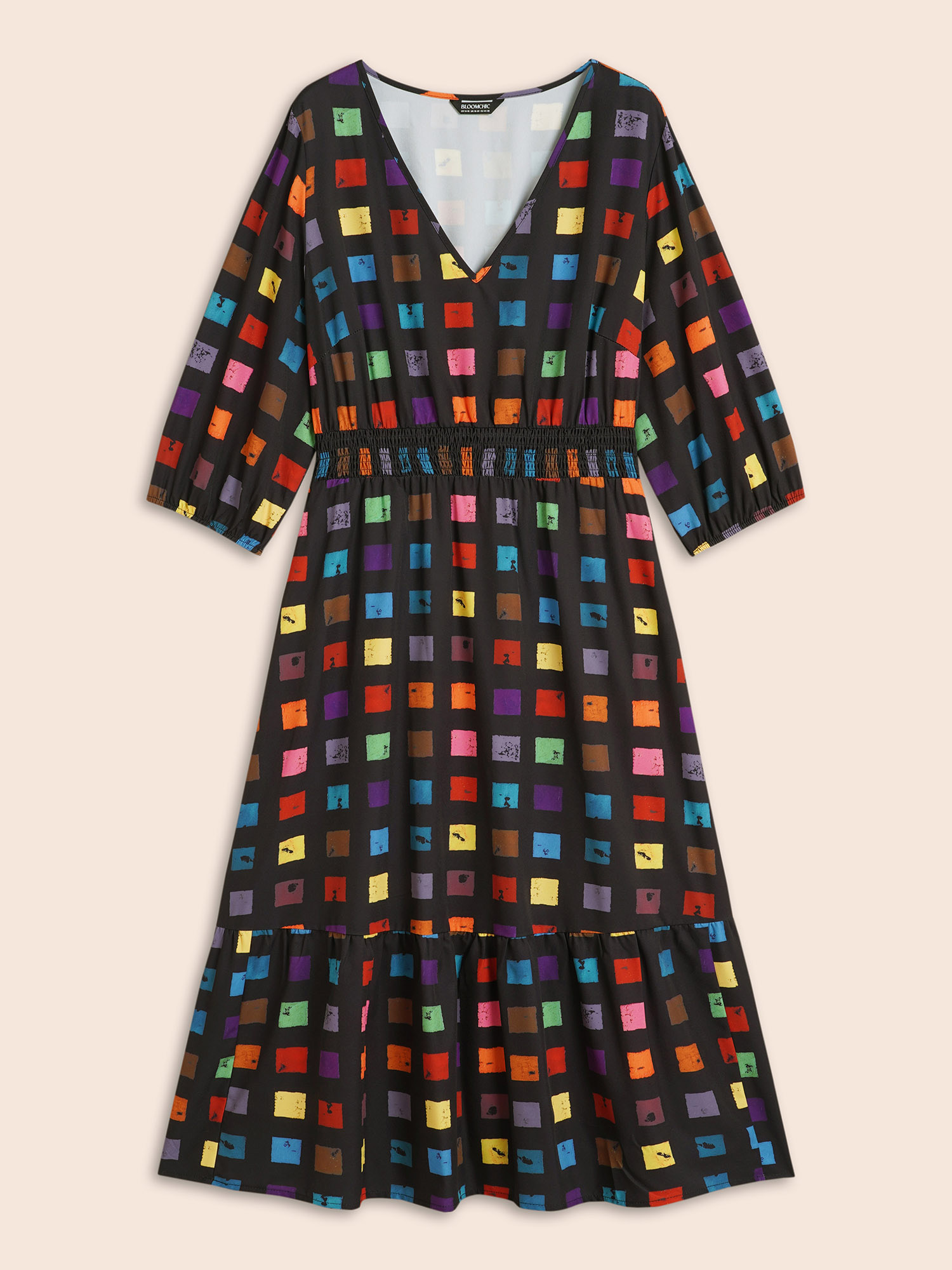 Plus Size Colorblock Contrast Shirred Lantern Sleeve Dress BlackFlower Women Casual Shirred V-neck Elbow-length sleeve Curvy BloomChic 14-16/1X 