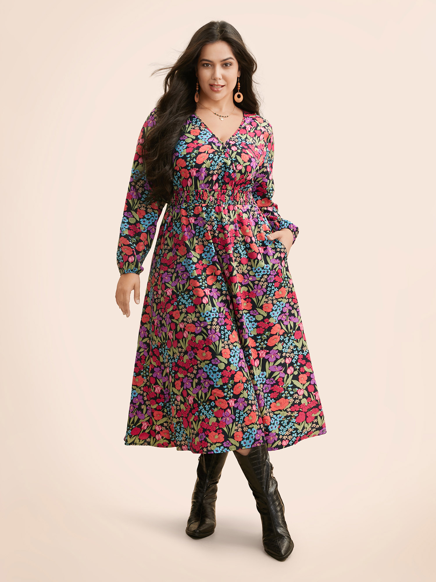 

Plus Size Floral Overlap Collar Shirred Dress BlackFlower Women Elegant Shirred Overlap Collar Long Sleeve Curvy BloomChic