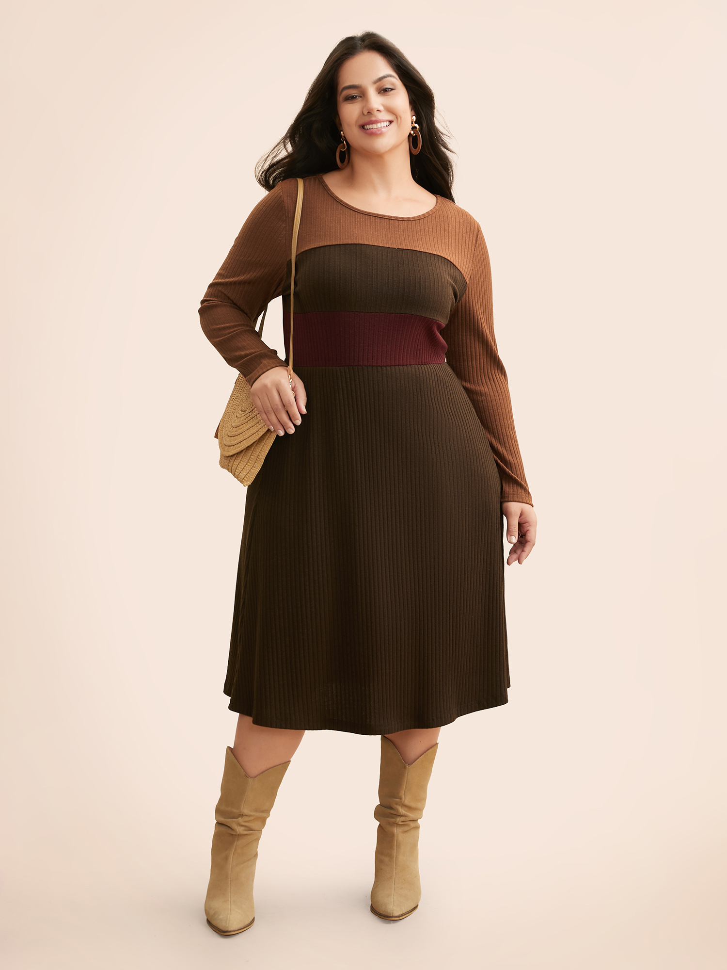 

Plus Size Colorblock Contrast Textured Pocket Dress Browncoffeecolor Women Casual Texture Round Neck Long Sleeve Curvy BloomChic