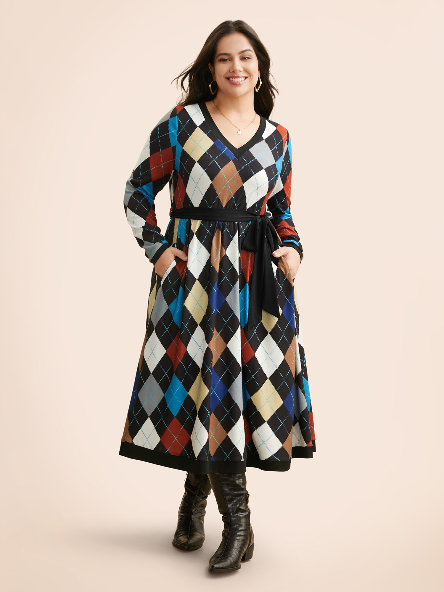 

Plus Size V Neck Colorblock Contrast Belted Dress Multicolor Women Casual Belted V-neck Long Sleeve Curvy BloomChic