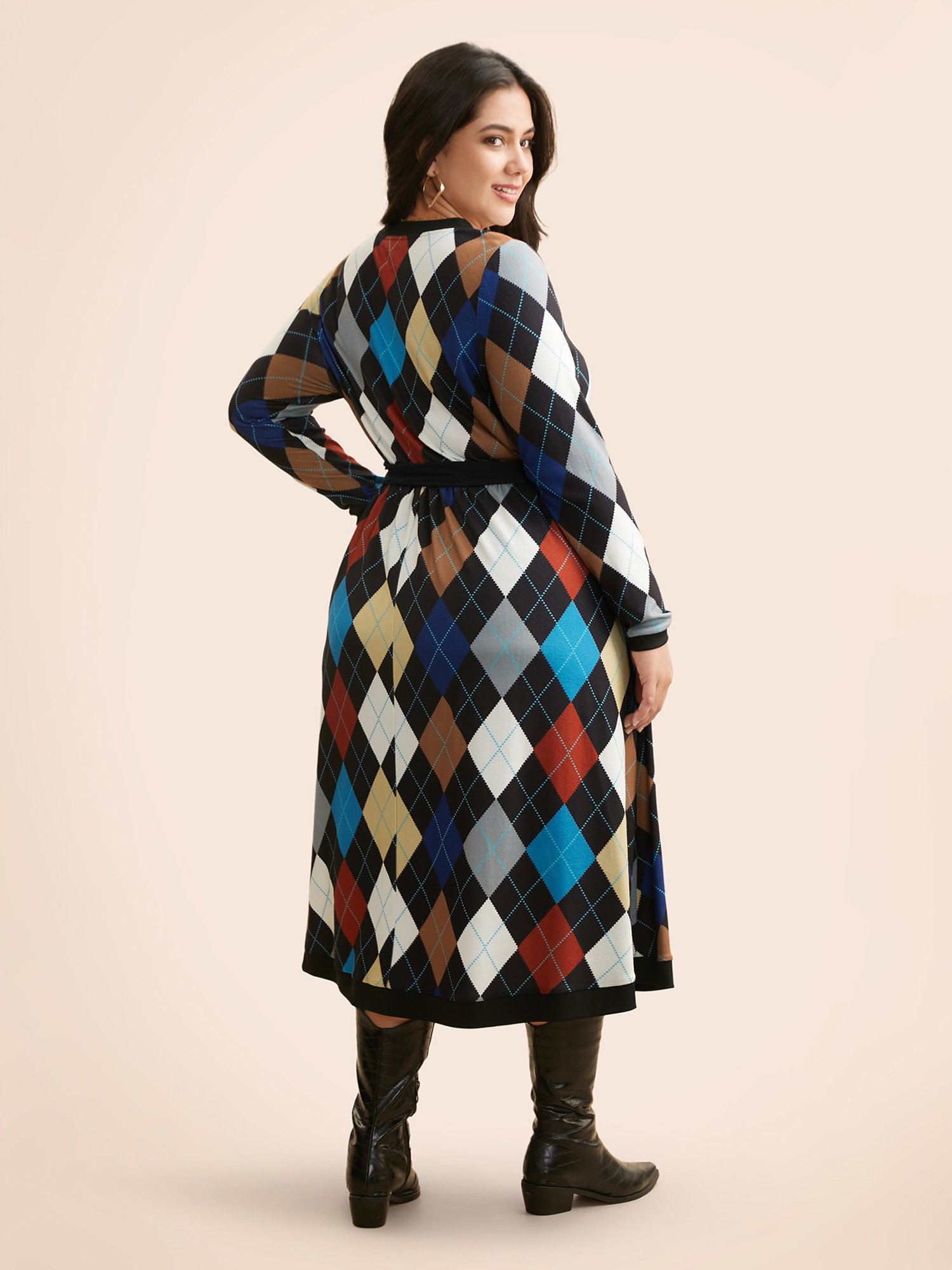 

Plus Size V Neck Colorblock Contrast Belted Dress Multicolor Women Casual Belted V-neck Long Sleeve Curvy BloomChic