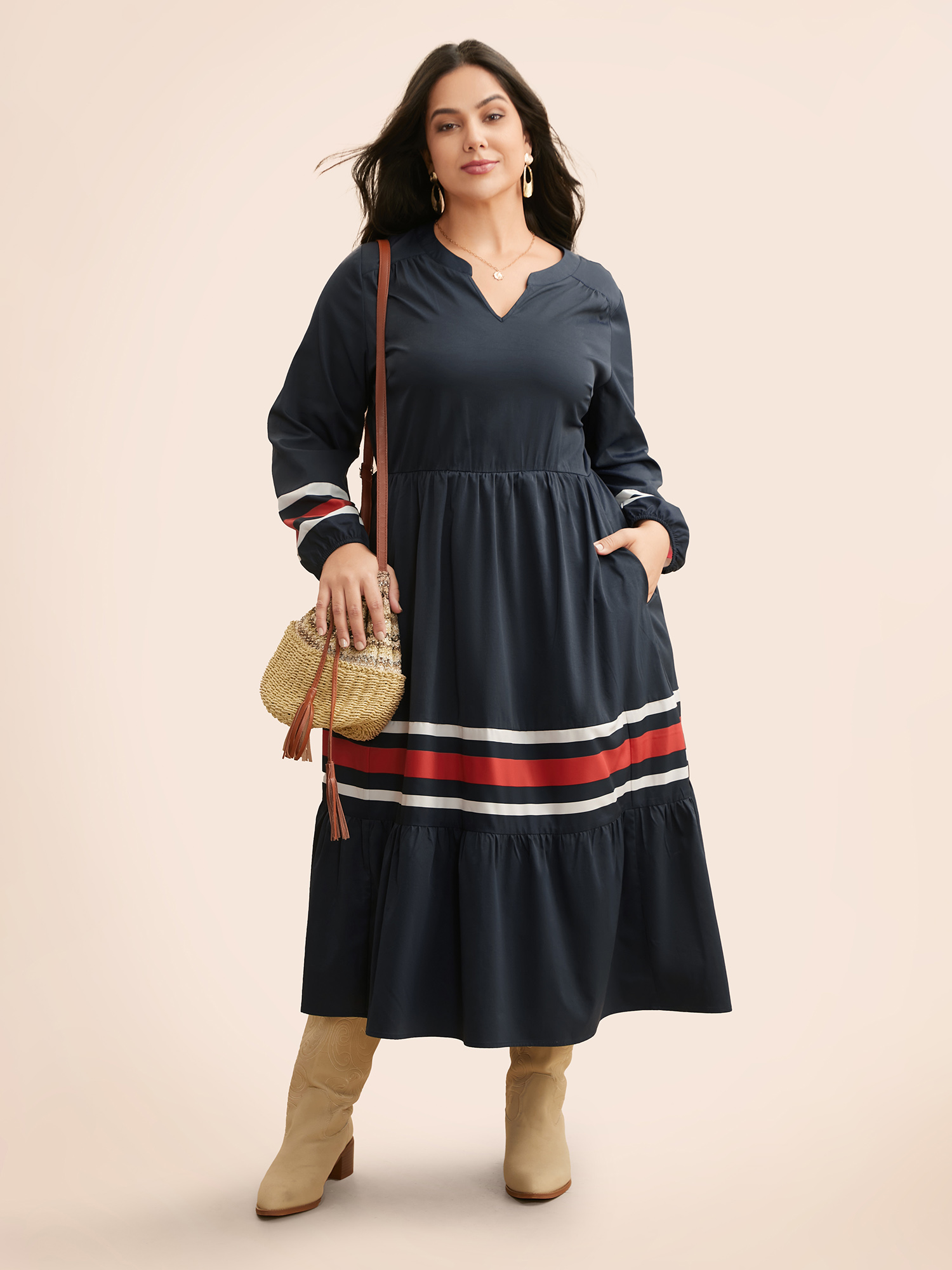 

Plus Size Contrast Striped Notched Ruffle Hem Dress Navy Women Casual Contrast Flat collar with V-notch Long Sleeve Curvy BloomChic