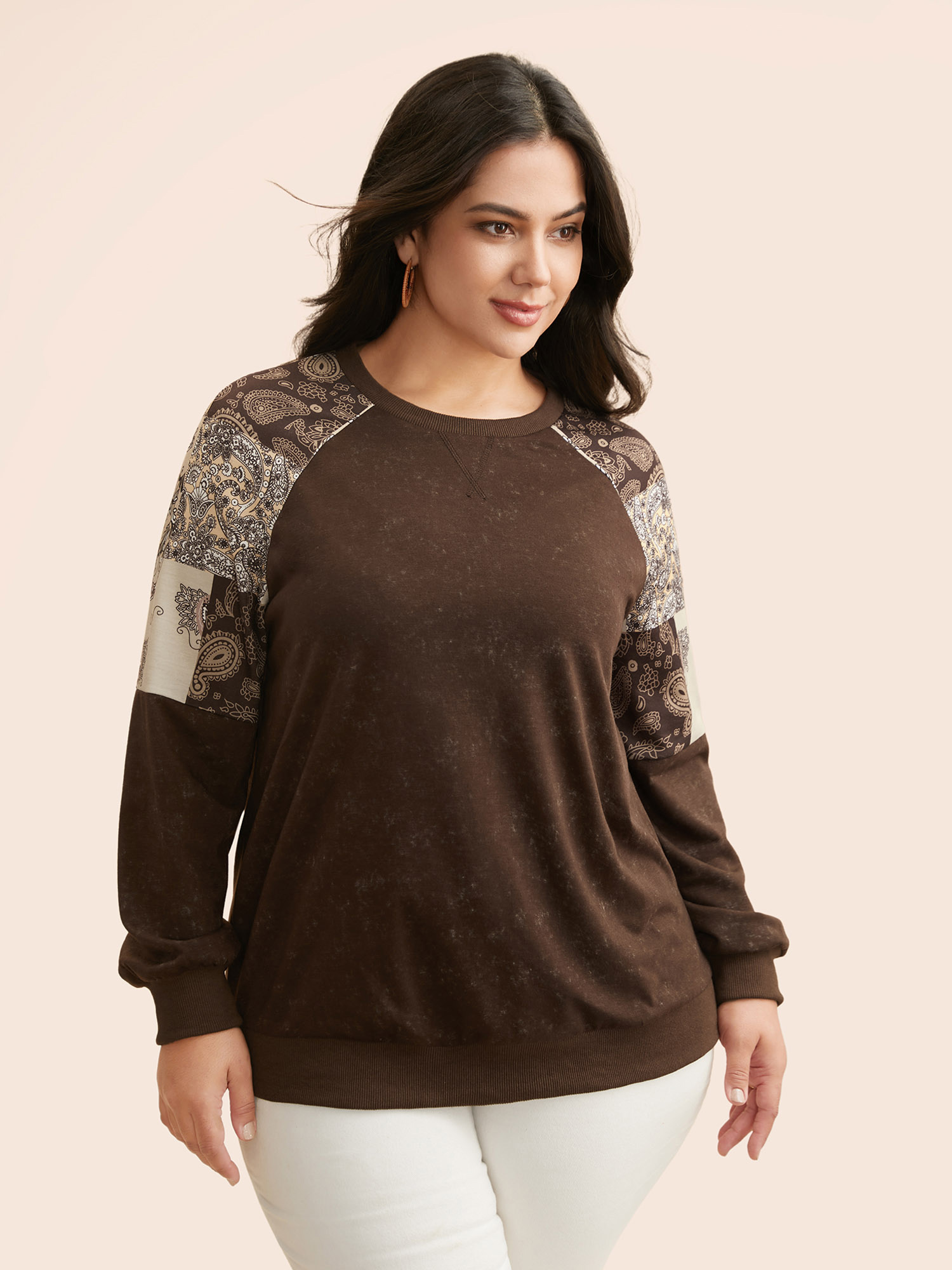 

Plus Size Vintage Boho Print Patchwork Sweatshirt Women DarkBrown Casual Contrast Round Neck Everyday Sweatshirts BloomChic