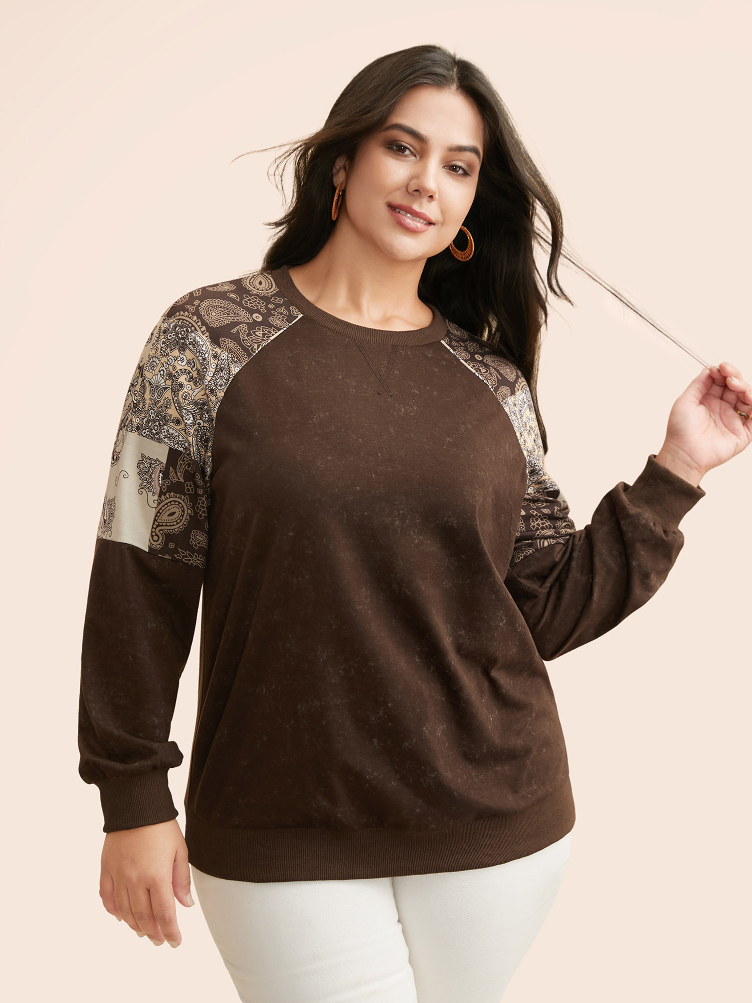 

Plus Size Vintage Boho Print Patchwork Sweatshirt Women DarkBrown Casual Contrast Round Neck Everyday Sweatshirts BloomChic