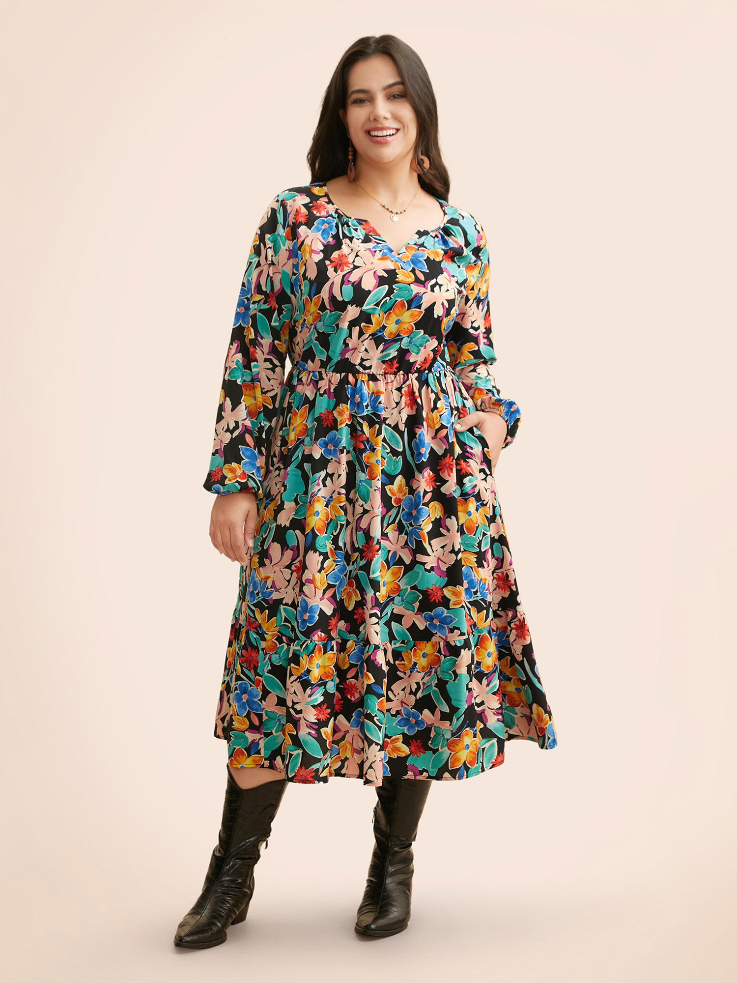 

Plus Size Colored Floral Notched Elastic Waist Midi Dress Black Women Elegant Gathered Flat collar with V-notch Extra Long Sleeve Curvy BloomChic