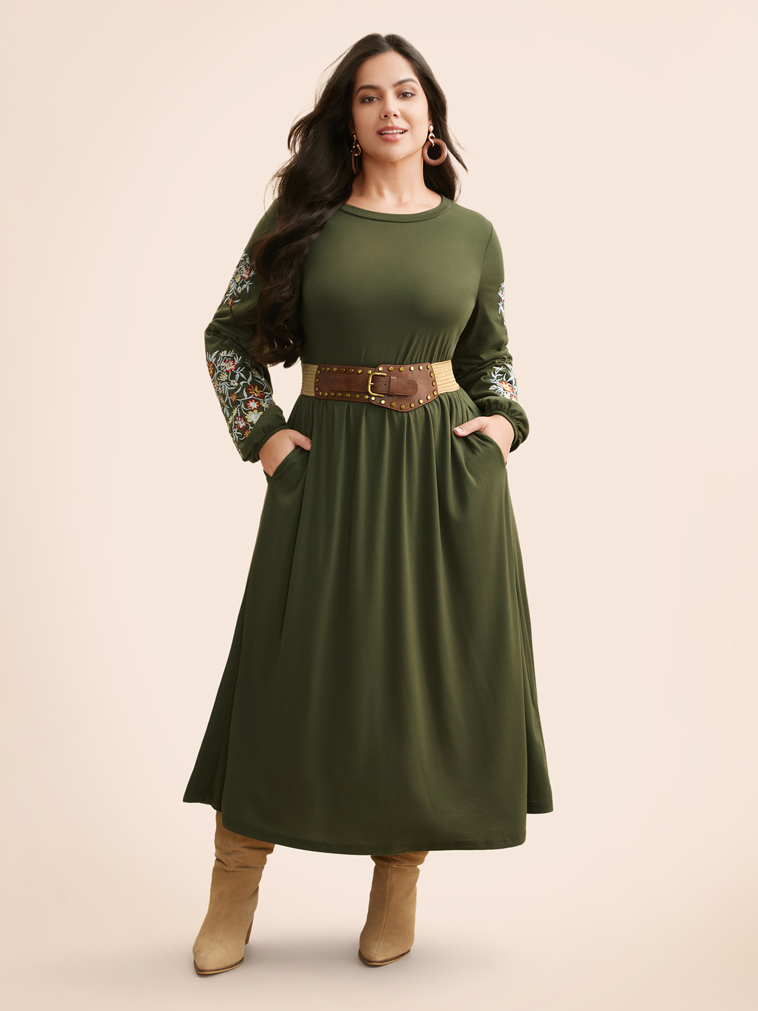 

Plus Size Floral Embroidered Elastic Waist Gathered Dress ArmyGreen Women Casual Embroidered Round Neck Long Sleeve Curvy BloomChic