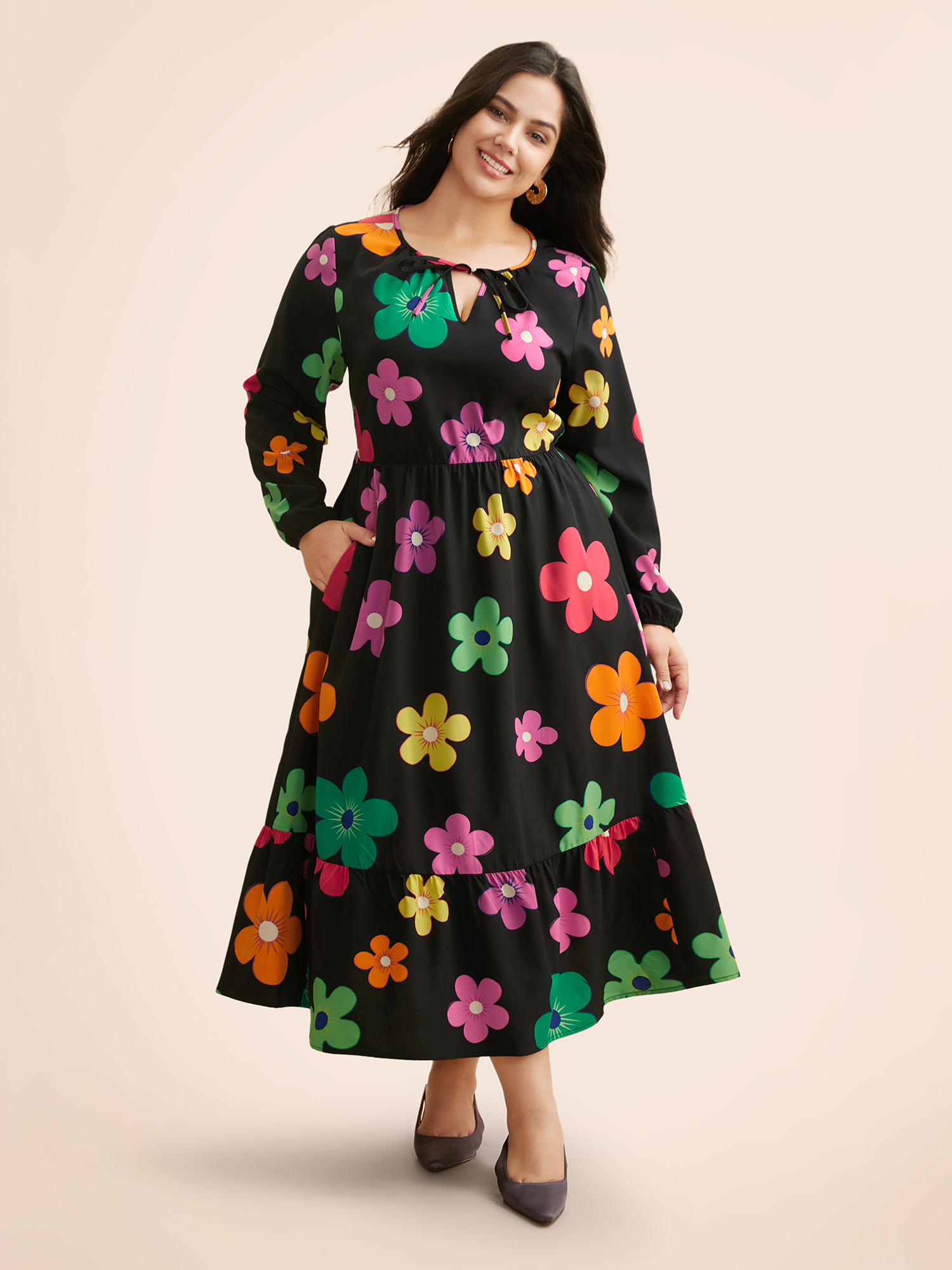 

Plus Size Colored Floral Tie Knot Midi Dress Black Women Casual Tie knot Round Neck Long Sleeve Curvy BloomChic