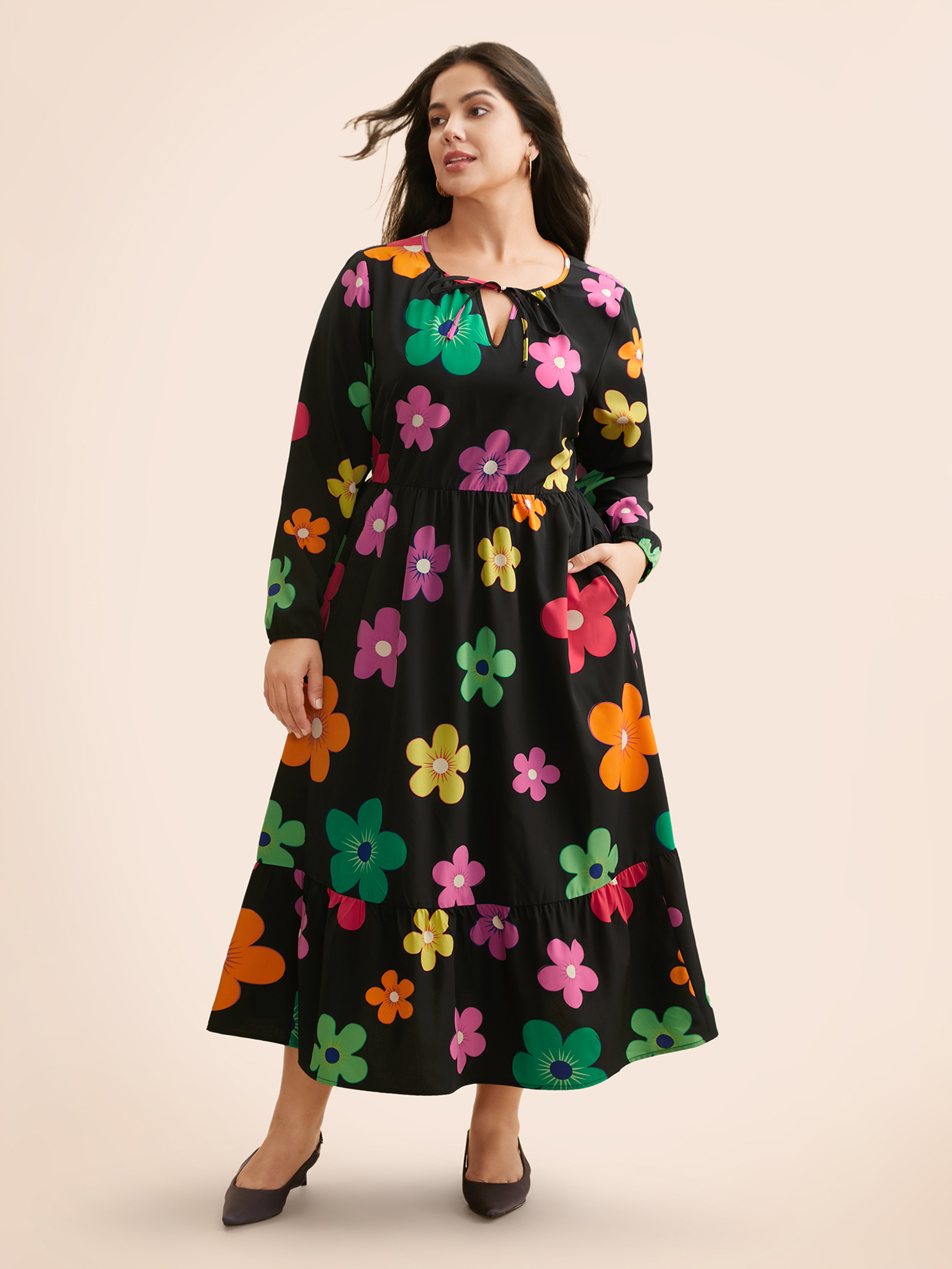 

Plus Size Colored Floral Tie Knot Midi Dress Black Women Casual Tie knot Round Neck Long Sleeve Curvy BloomChic