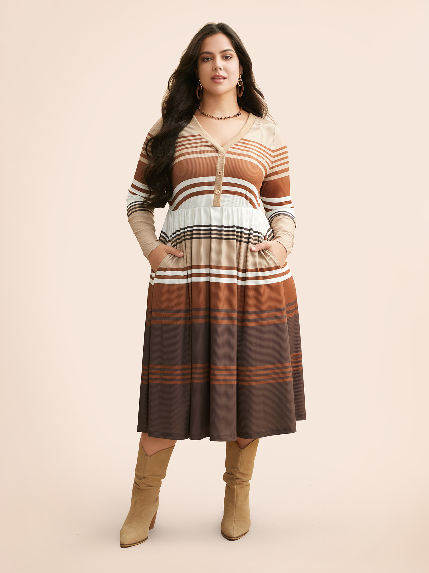 

Plus Size Contrast Striped V Neck Midi Dress Yellowishbrown Women Elegant Texture V-neck Extra Long Sleeve Curvy BloomChic