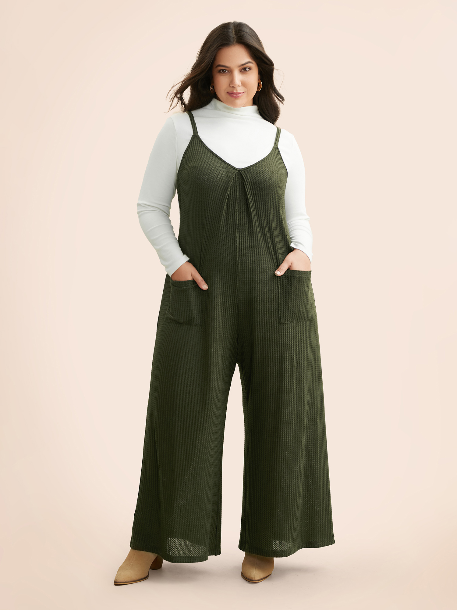 

Plus Size ArmyGreen Waffle Knit Plicated Detail Patch Pocket Jumpsuit Women Casual Sleeveless V-neck Everyday Loose Jumpsuits BloomChic