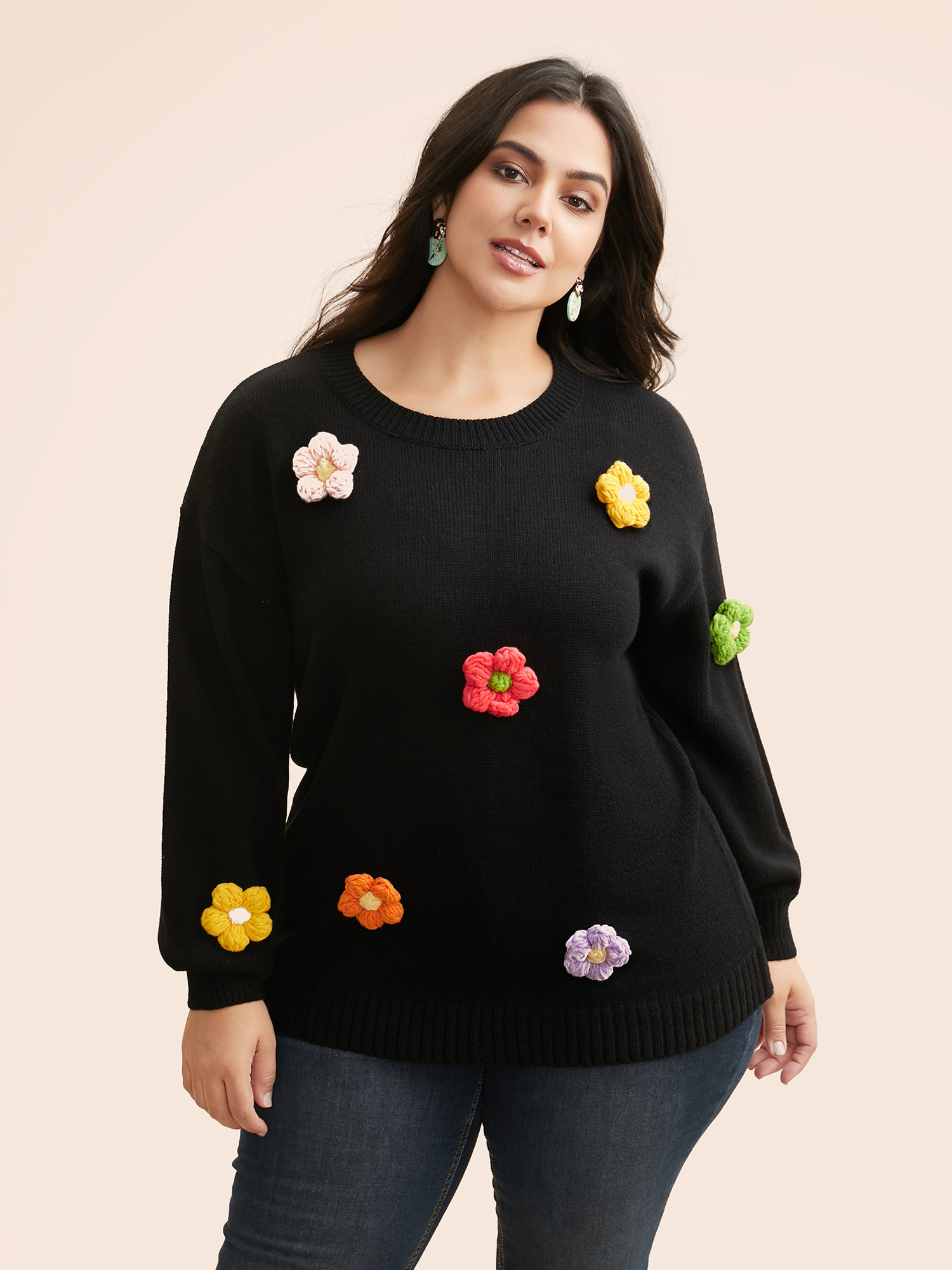 

Plus Size Crochet Floral Drop Shoulder Sleeve Pullover Black Women Casual Long Sleeve Round Neck Everyday Pullovers BloomChic