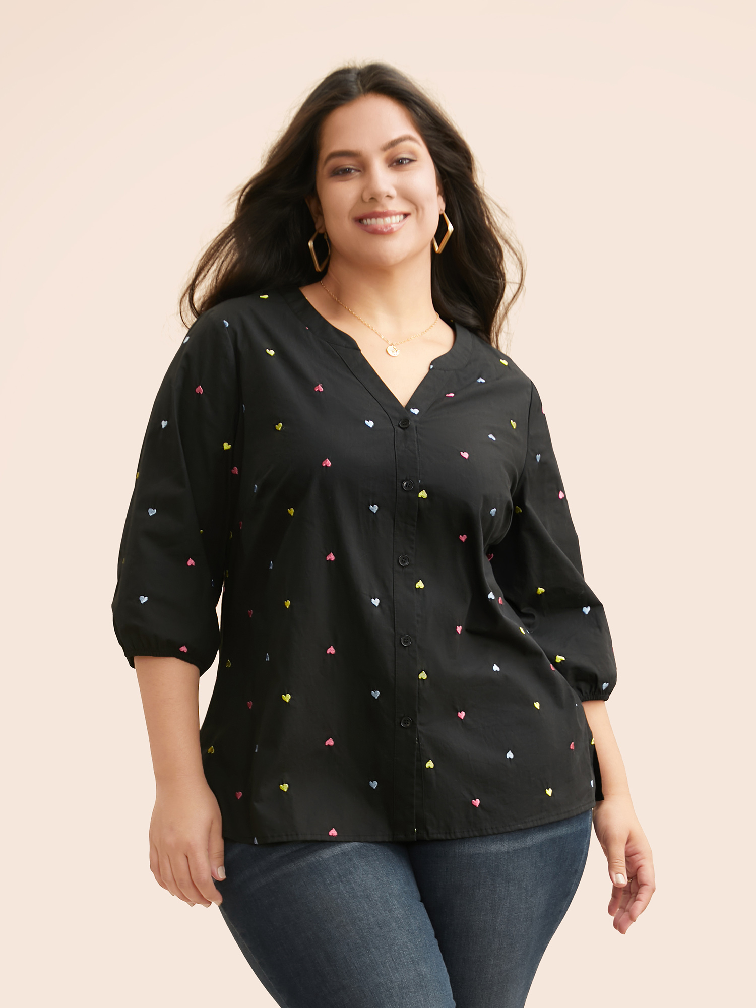 

Plus Size Heart Embroidered Notched Collar Gathered Shirt Black Elbow-length sleeve Notched collar Casual Shirts