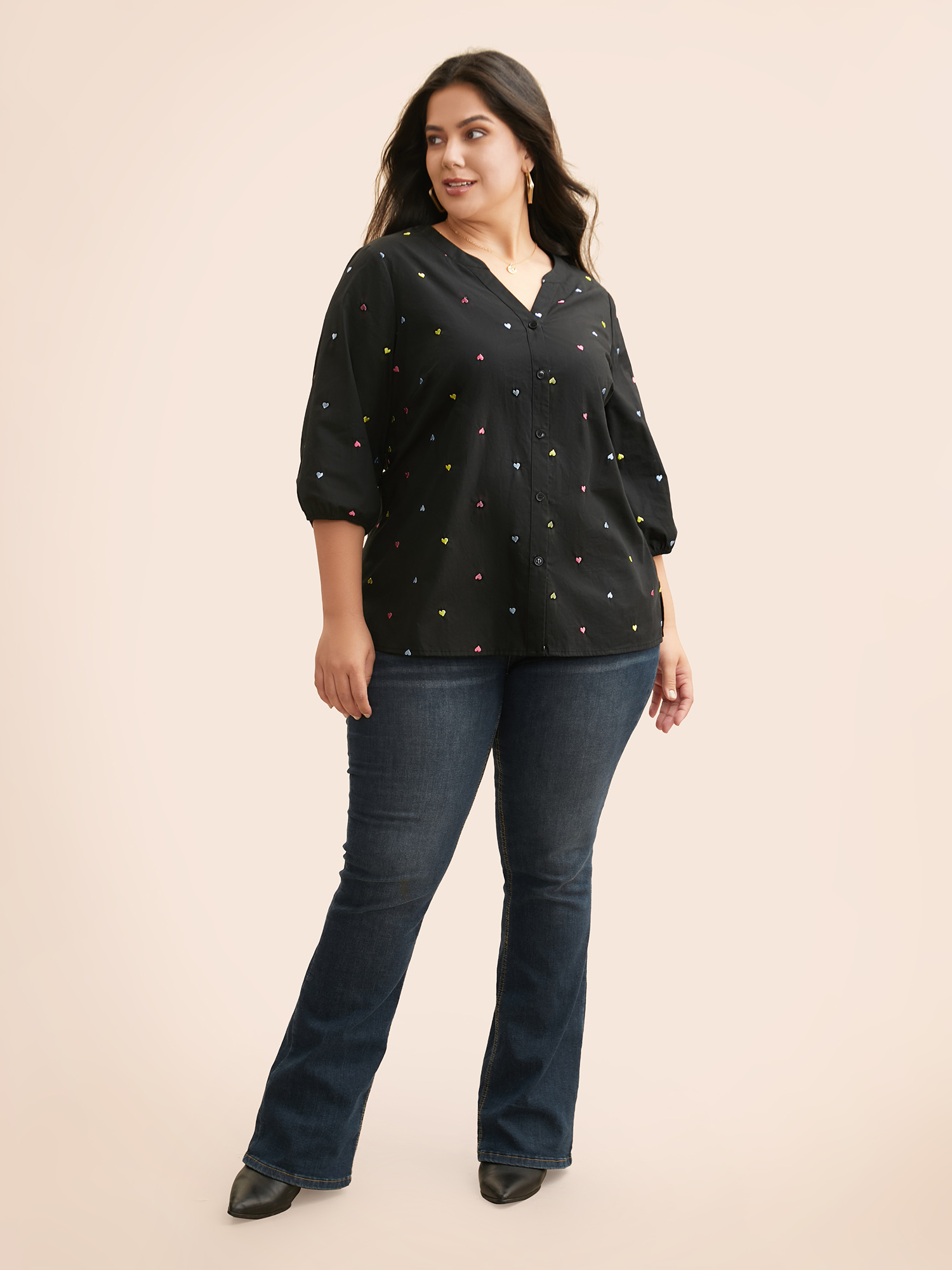 

Plus Size Heart Embroidered Notched Collar Gathered Shirt Black Elbow-length sleeve Notched collar Casual Shirts