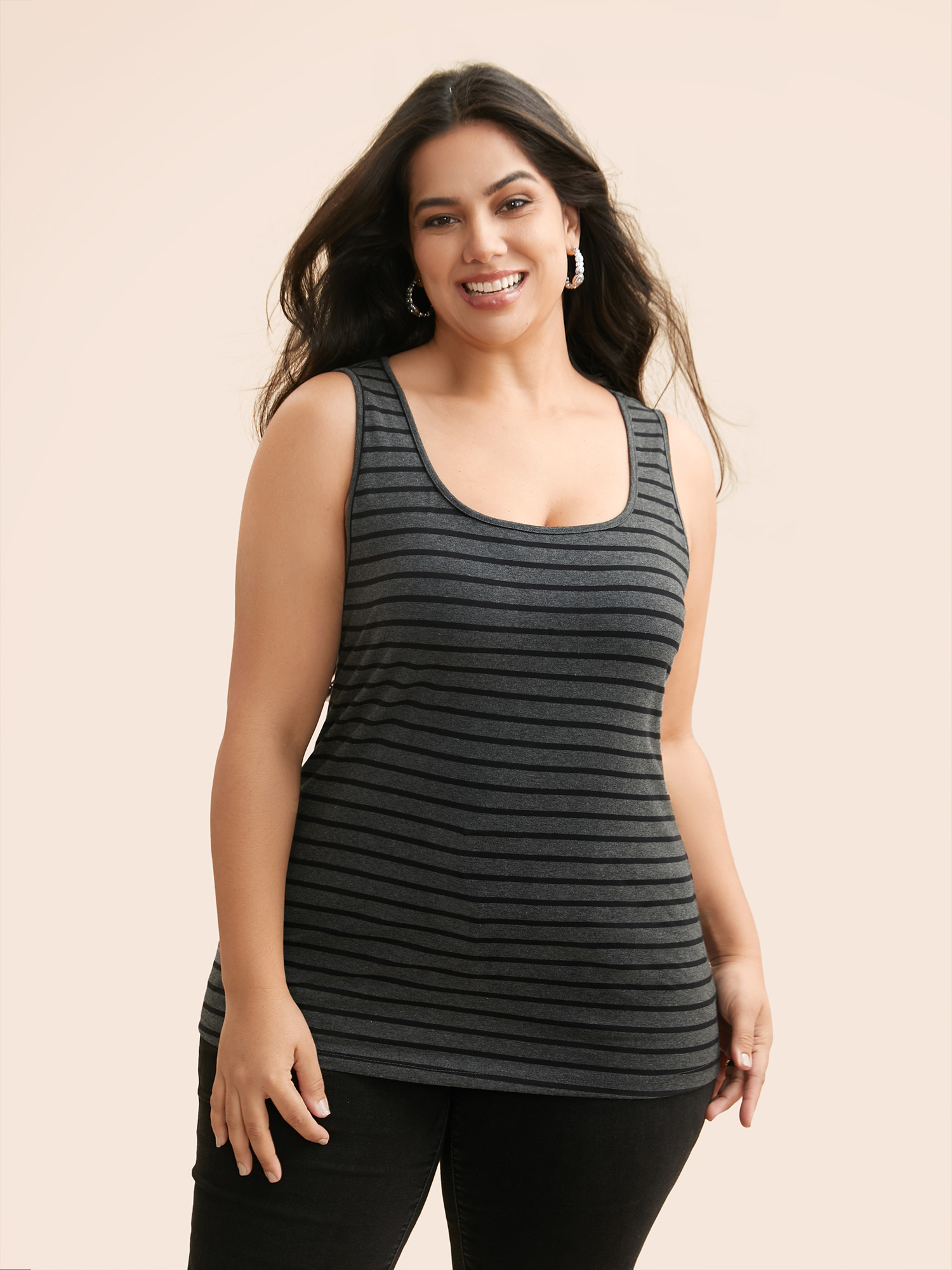 

Plus Size Square Neck Striped Texture Tank Top Women DimGray Casual Non Heart neckline Everyday Tank Tops Camis BloomChic