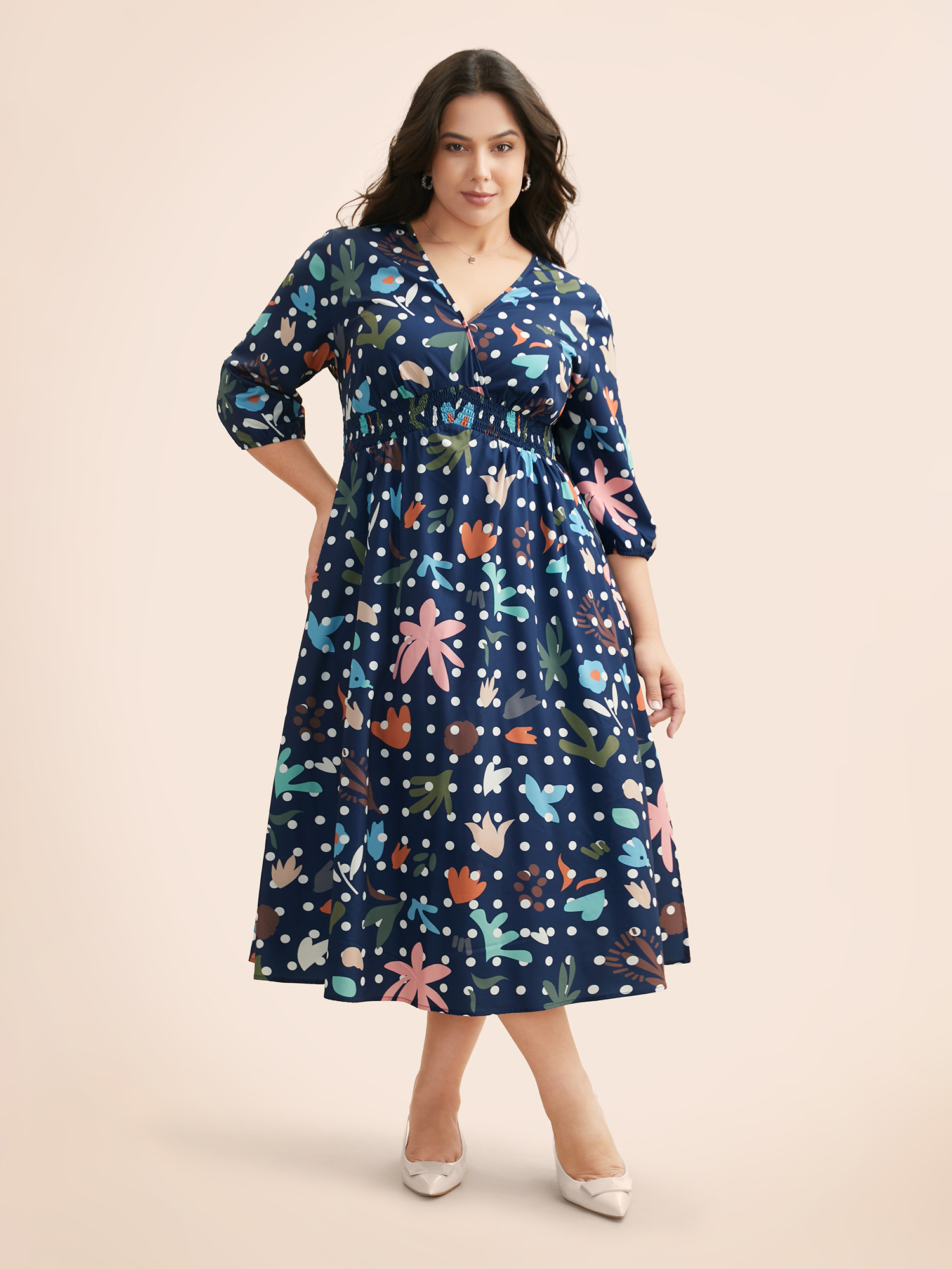 

Plus Size Overlap Collar Polka Dot Floral Shirred Dress Multicolor Women Elegant Shirred Overlap Collar Elbow-length sleeve Curvy BloomChic