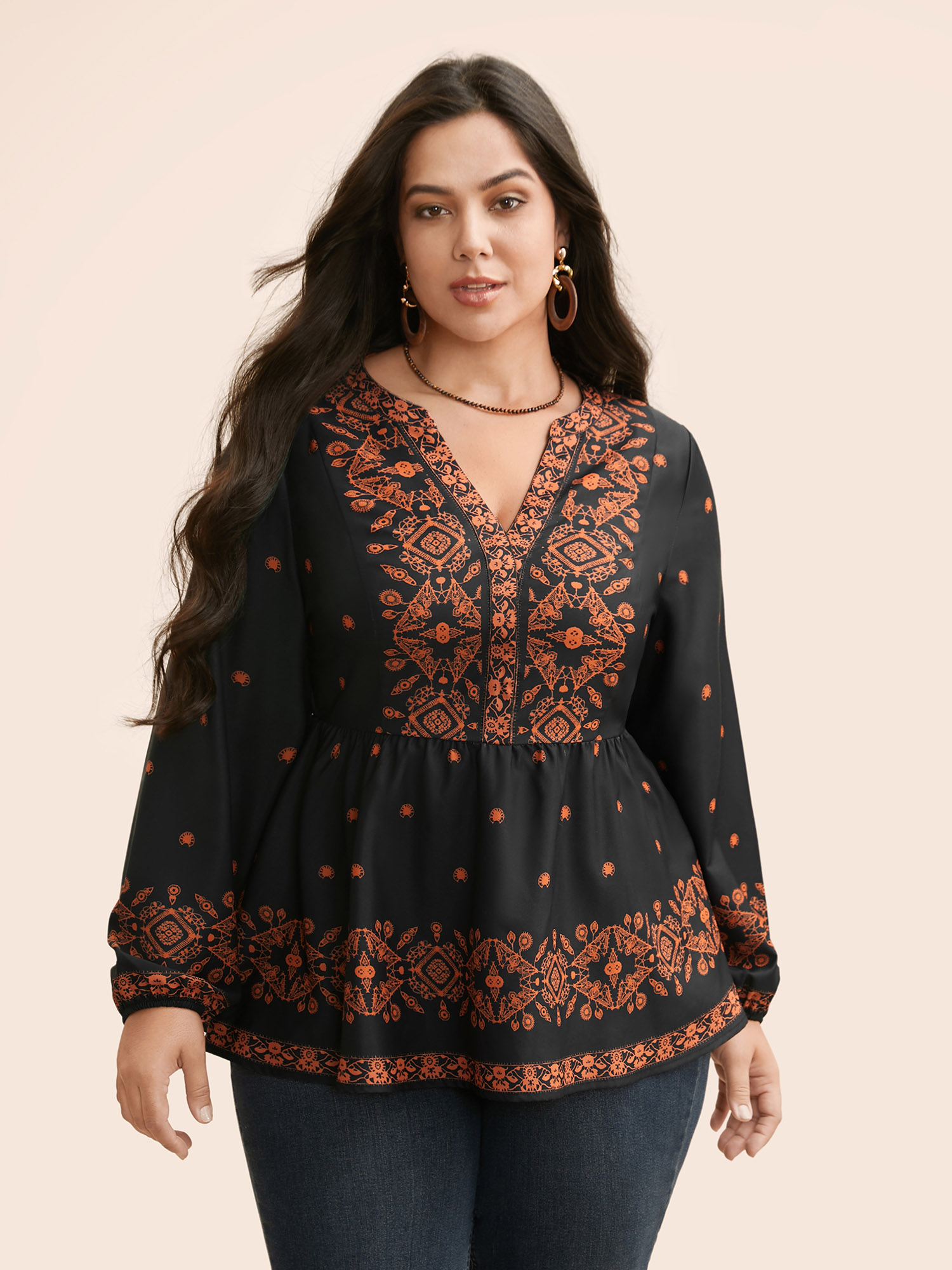 

Plus Size Black Notched Boho Print Gathered Blouse Women Resort Long Sleeve Flat collar with V-notch Vacation Blouses BloomChic