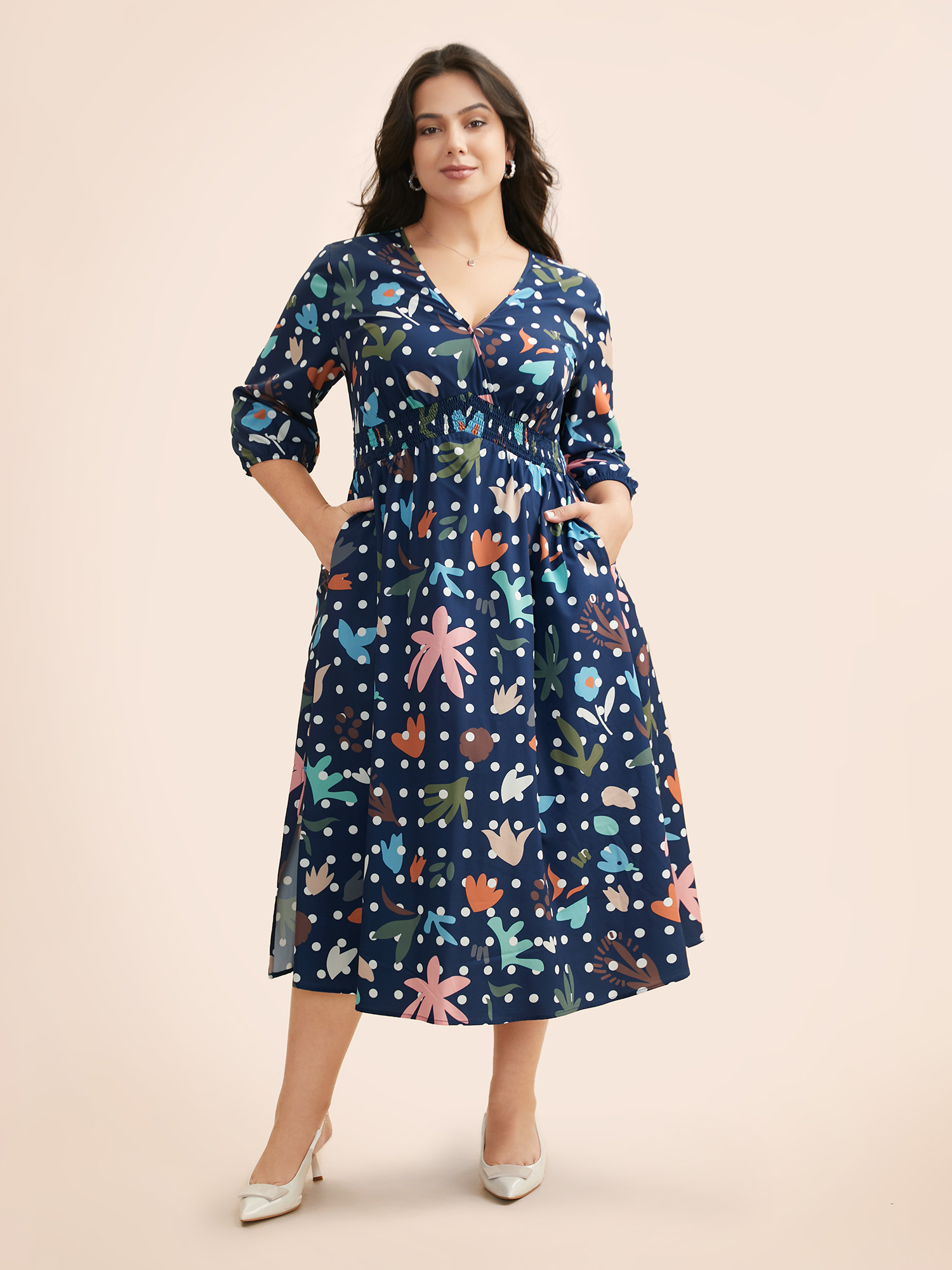 Plus Size Overlap Collar Polka Dot Floral Shirred Dress Multicolor Women Elegant Shirred Overlap Collar Elbow-length sleeve Curvy BloomChic 30/6X 
