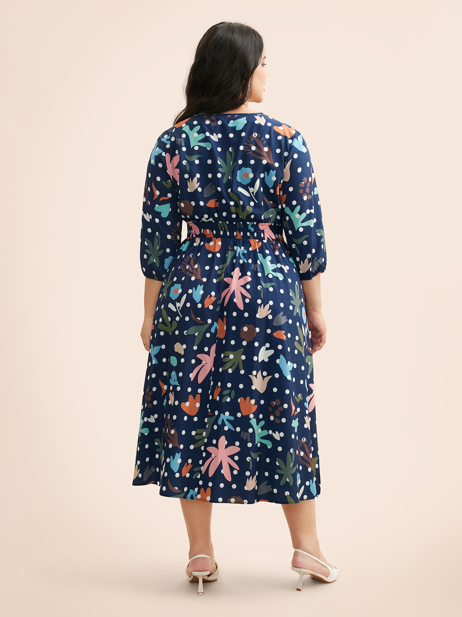 Plus Size Overlap Collar Polka Dot Floral Shirred Dress Multicolor Women Elegant Shirred Overlap Collar Elbow-length sleeve Curvy BloomChic 30/6X 