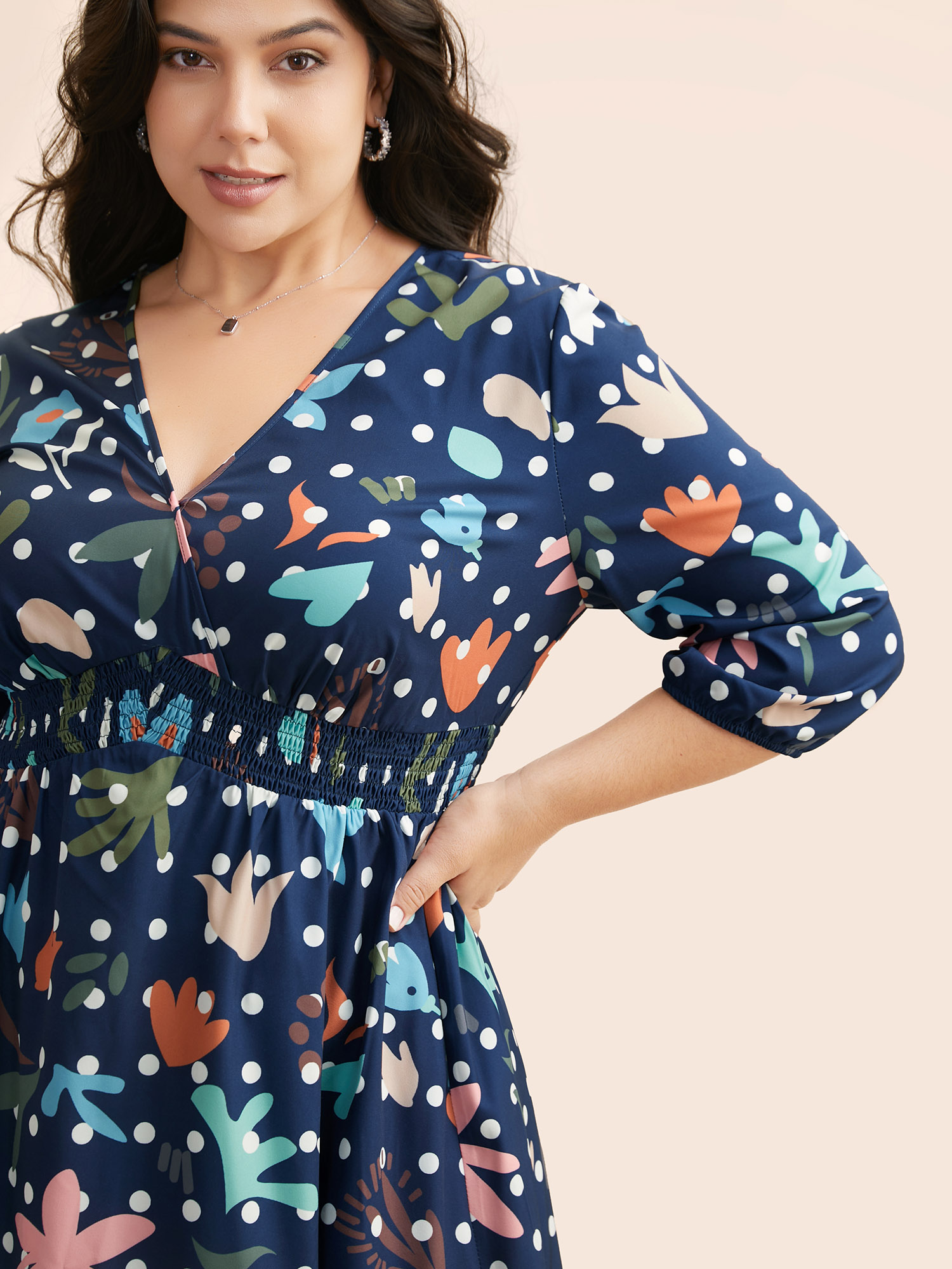 Plus Size Overlap Collar Polka Dot Floral Shirred Dress Multicolor Women Elegant Shirred Overlap Collar Elbow-length sleeve Curvy BloomChic 30/6X 