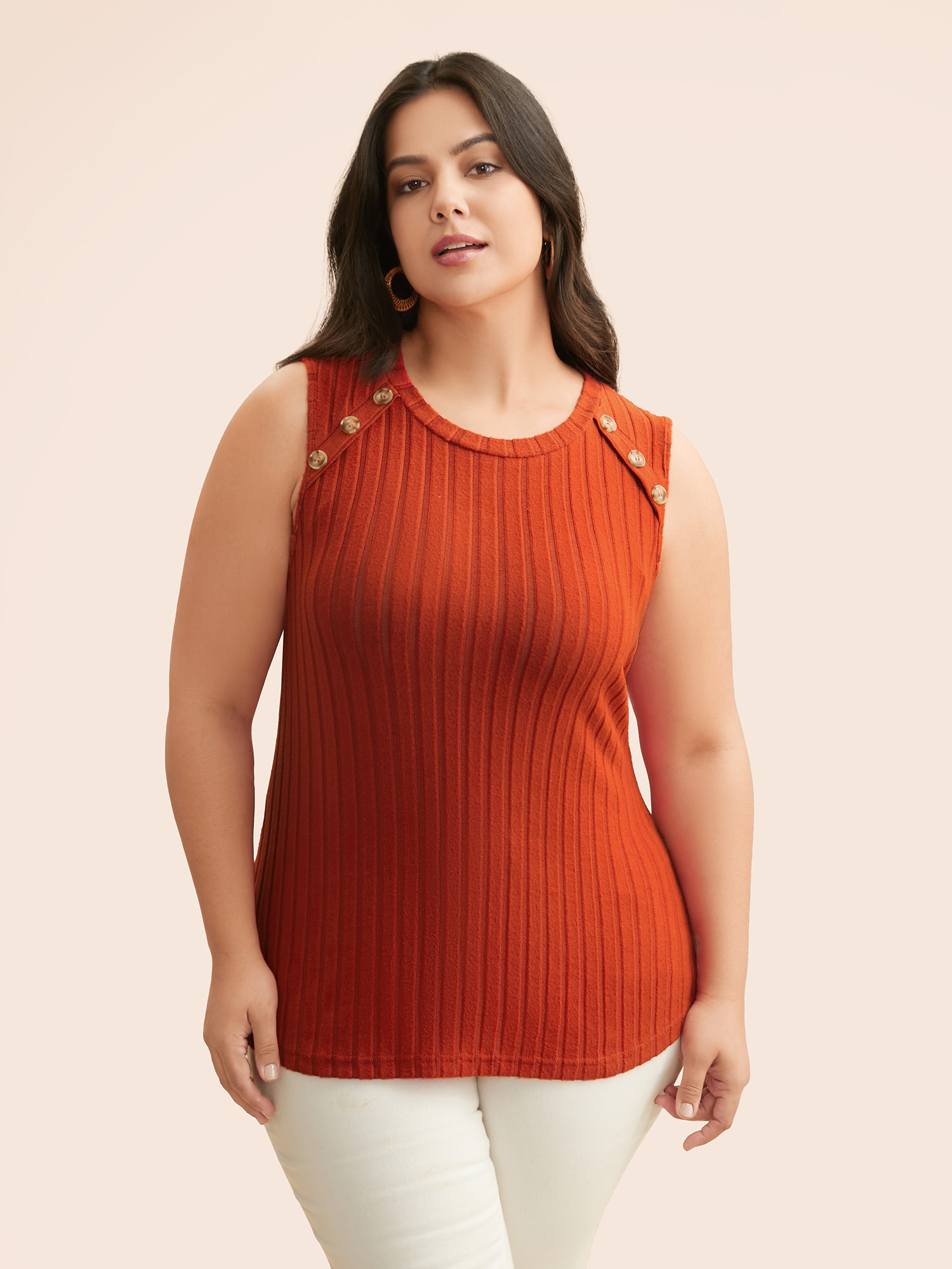 

Plus Size Plain Textured Button Detail Tank Top Women OrangeRed Elegant Texture Round Neck Everyday Tank Tops Camis BloomChic