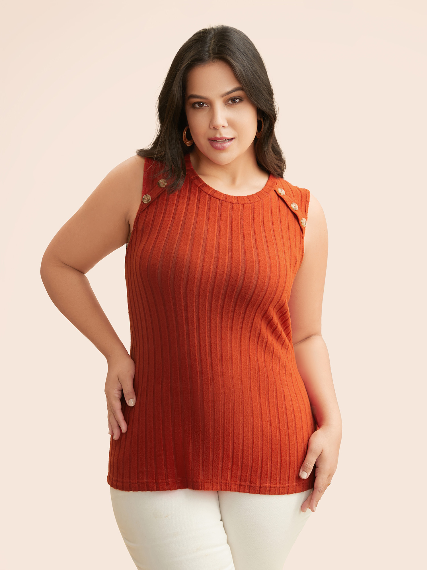 

Plus Size Plain Textured Button Detail Tank Top Women OrangeRed Elegant Texture Round Neck Everyday Tank Tops Camis BloomChic