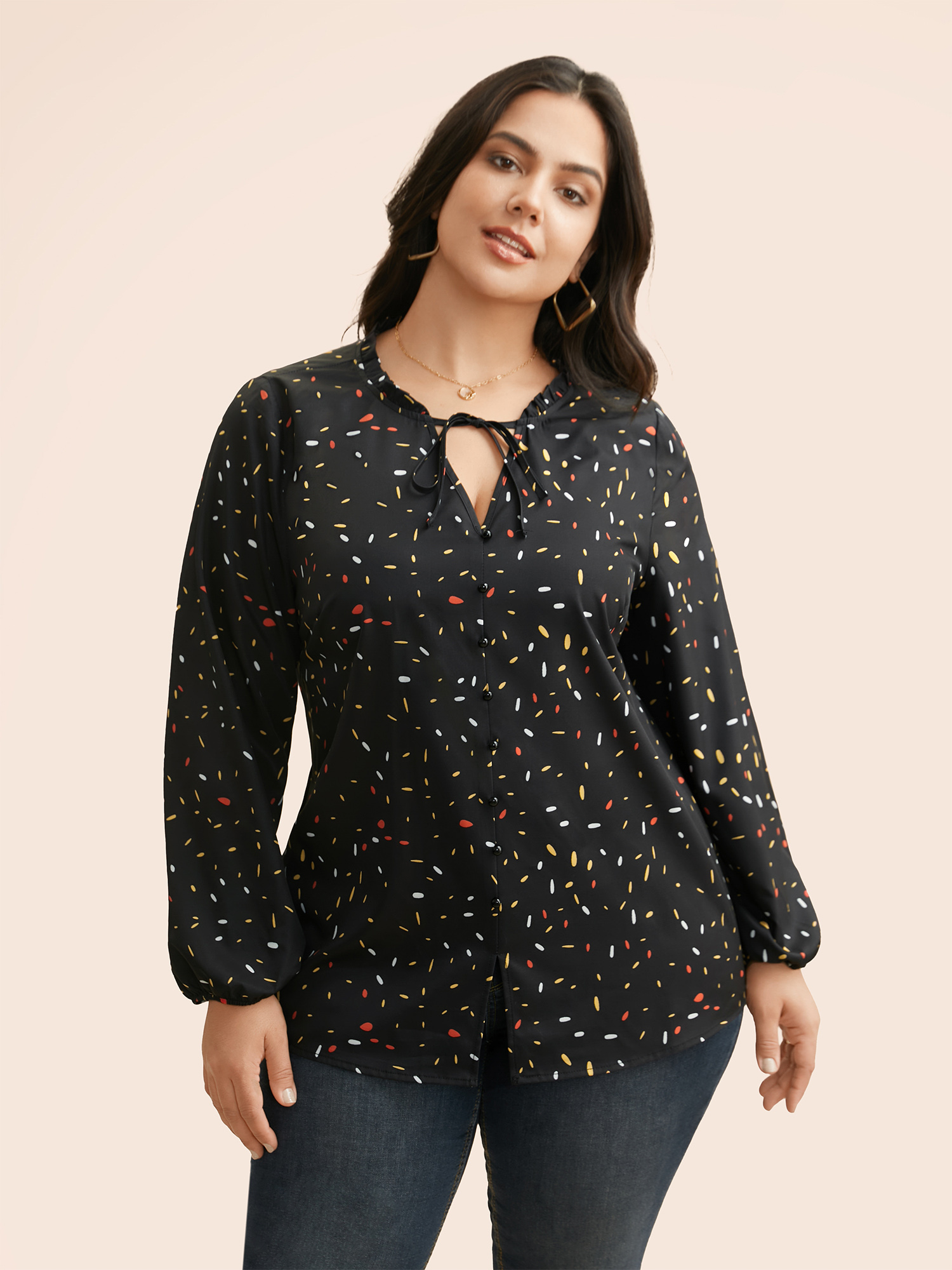 

Plus Size Polka Dot Frill Trim Tie Knot Shirt Black Long Sleeve V-neck Casual Shirts