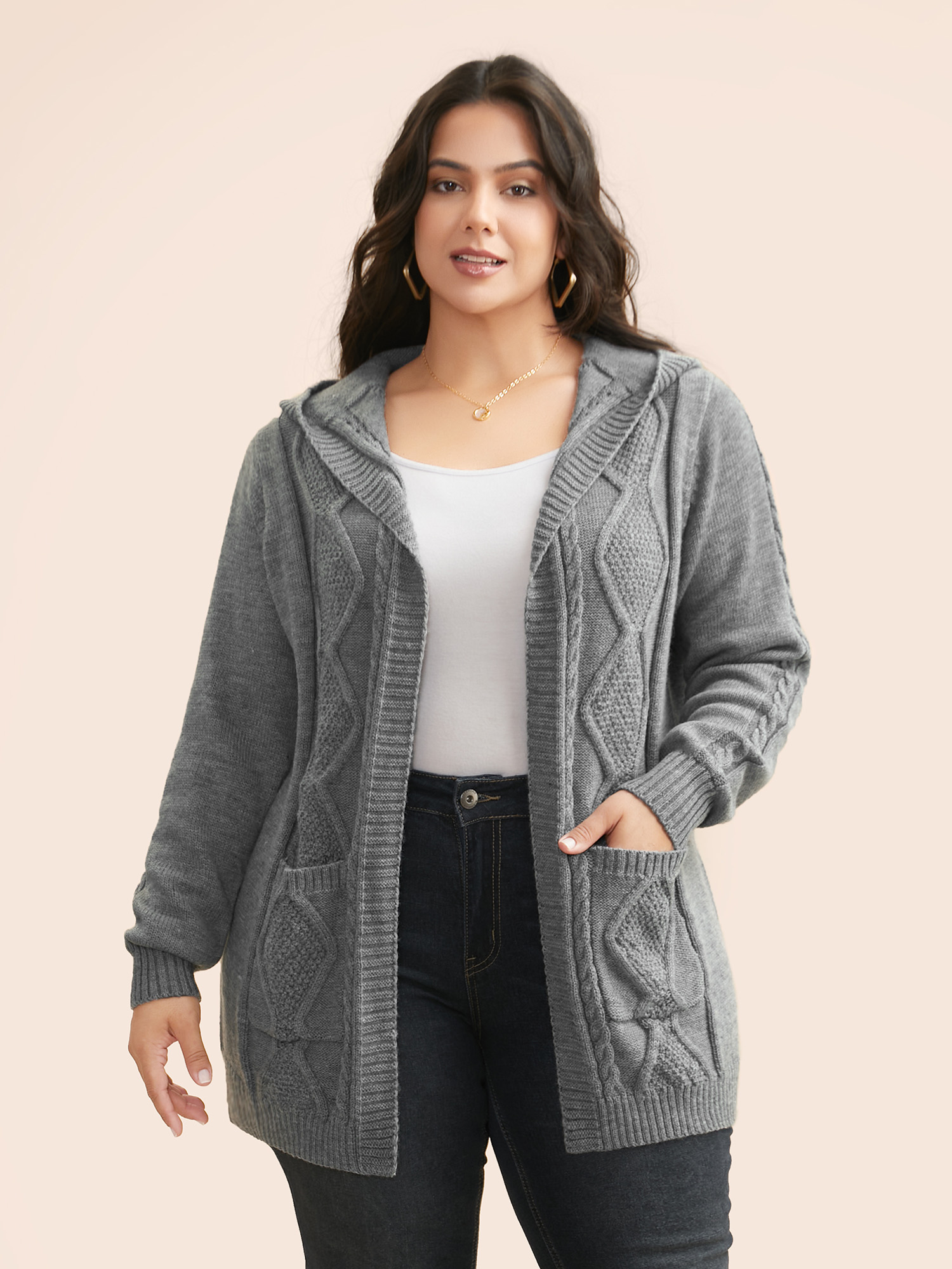 

Plus Size Cable Knit Hooded Patch Pocket Cardigan DarkGray Women Casual Loose Long Sleeve Everyday Cardigans BloomChic