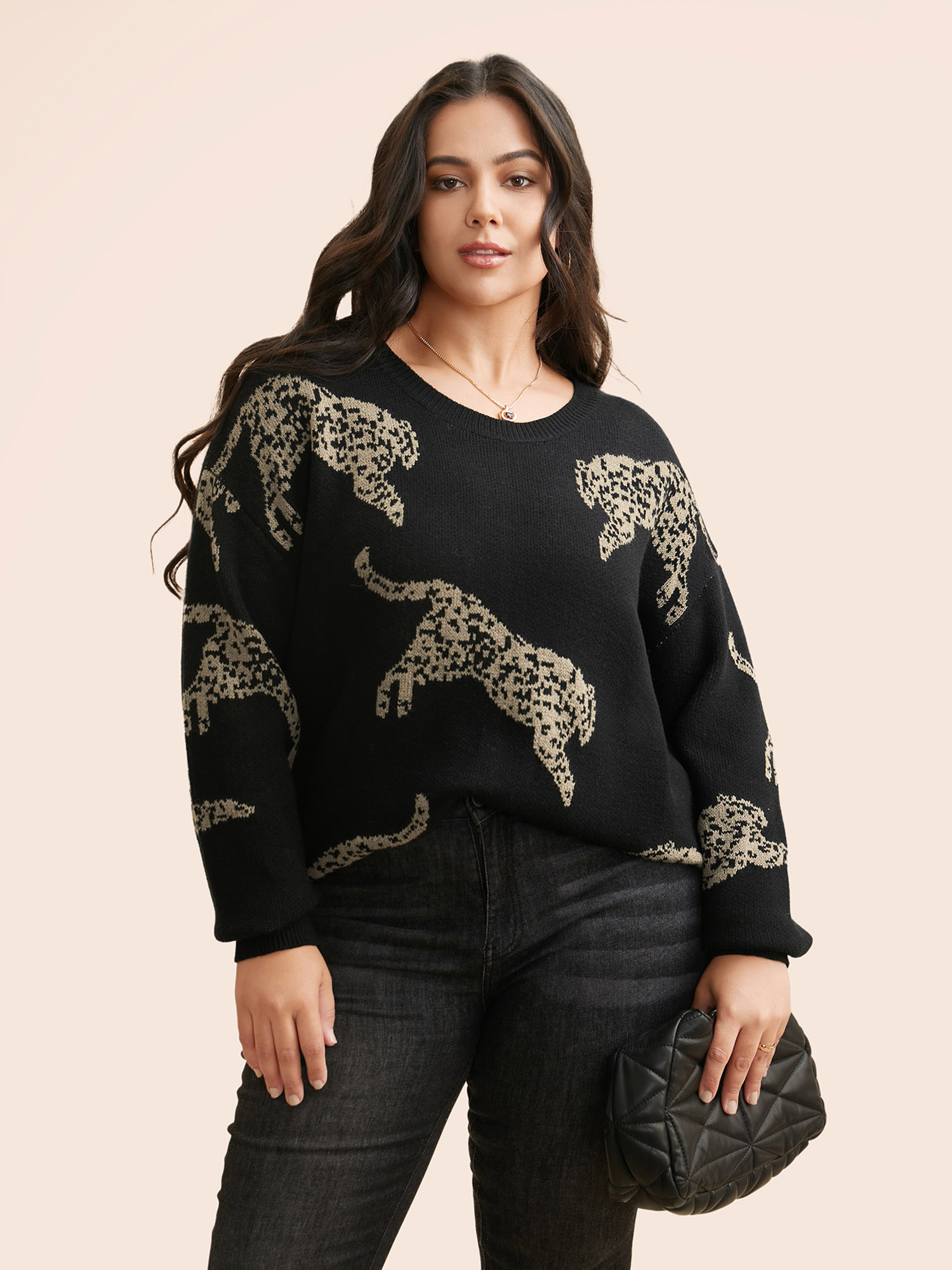 

Plus Size Animal Jacquard Drop Shoulder Sleeve Pullover Black Women Casual Long Sleeve Round Neck Everyday Pullovers BloomChic