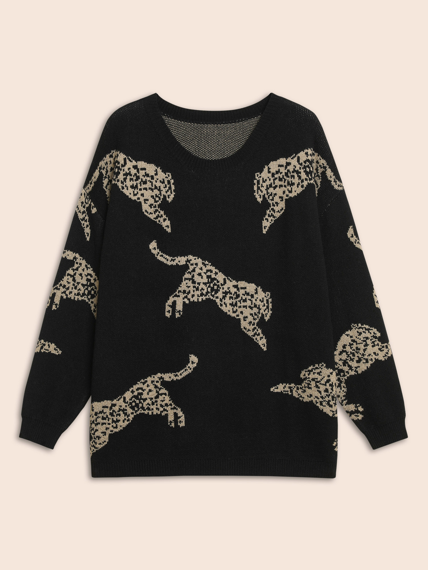 

Plus Size Animal Jacquard Drop Shoulder Sleeve Pullover Black Women Casual Long Sleeve Round Neck Everyday Pullovers BloomChic