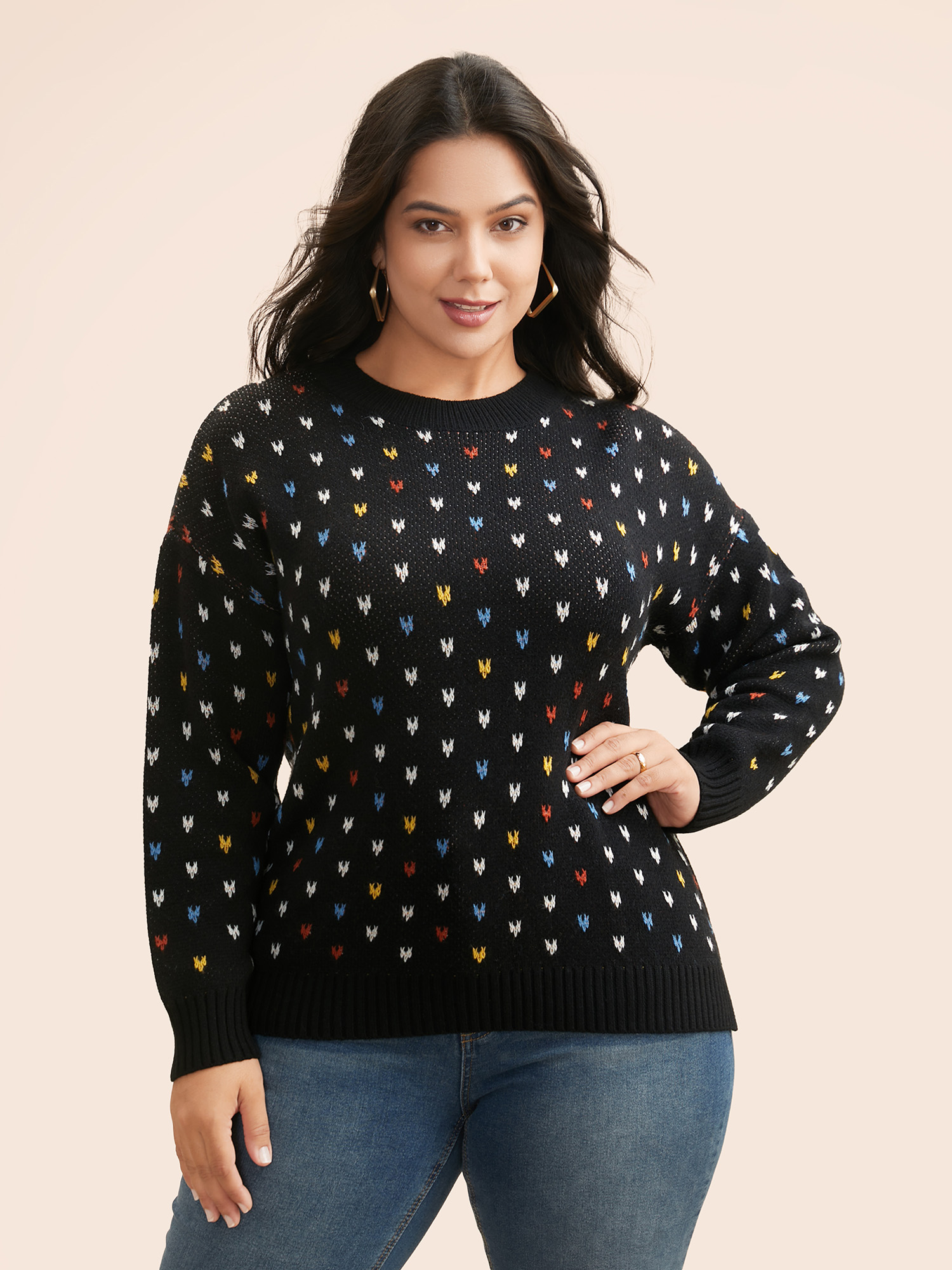 

Plus Size Polka Dot Texture Split Hem Pullover Black Women Casual Long Sleeve Round Neck Everyday Pullovers BloomChic