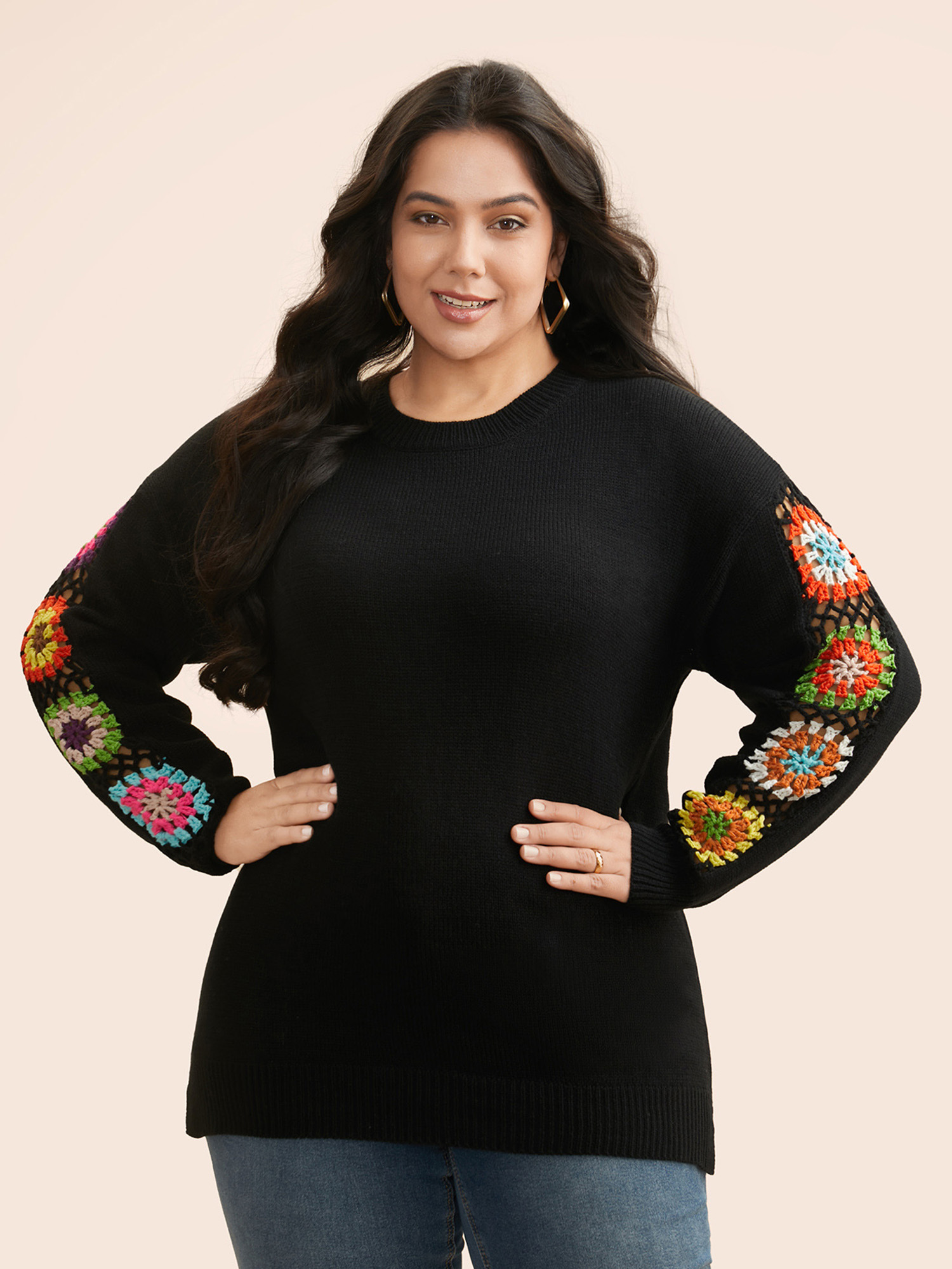 

Plus Size Crochet Floral Patchwork Cut Out Pullover Black Women Casual Loose Long Sleeve Round Neck Everyday Pullovers BloomChic