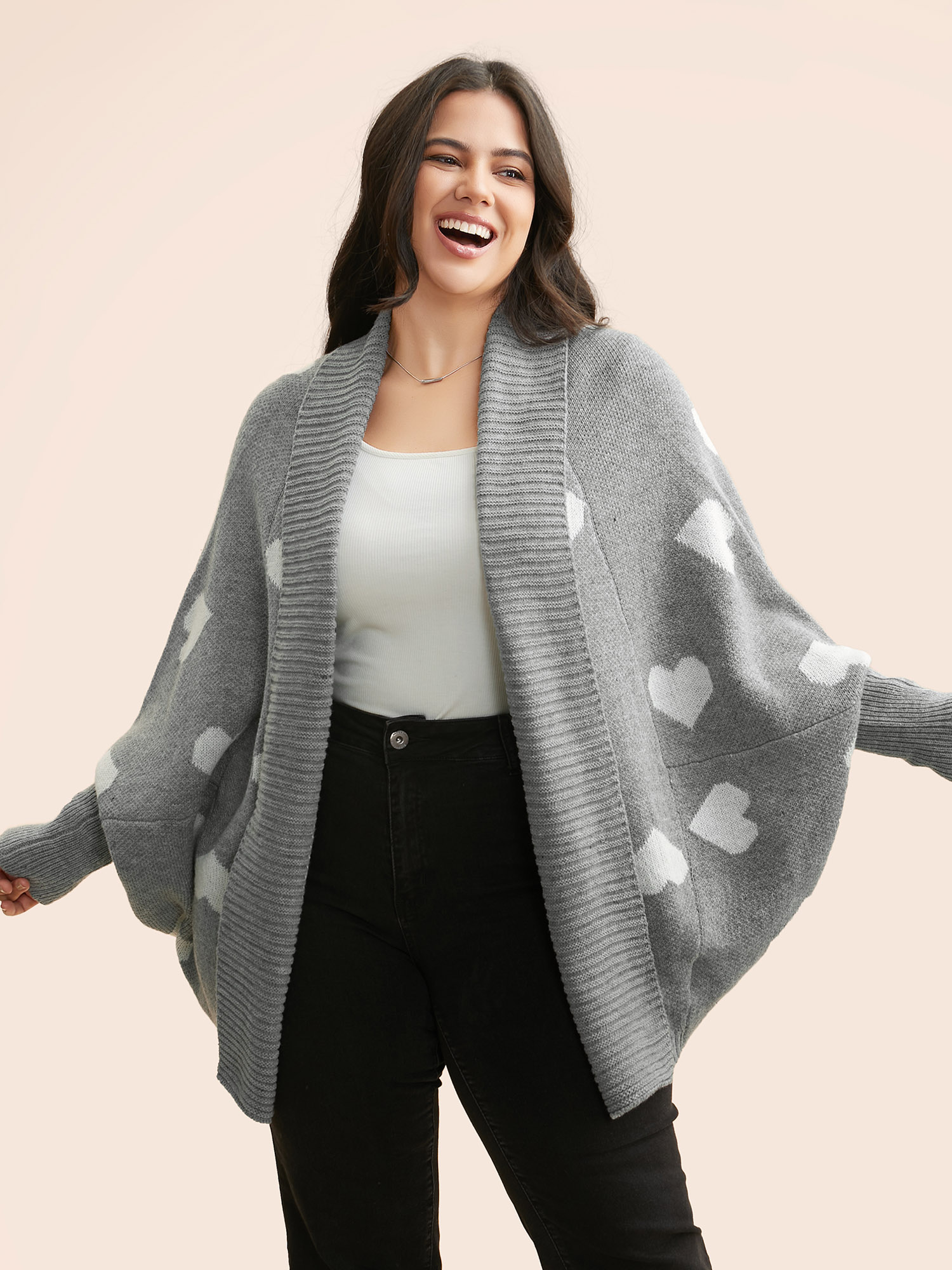 

Plus Size Lapel Collar Heart Shaped Cardigan Mediumgray Women Casual Oversized Long Sleeve Everyday Cardigans BloomChic