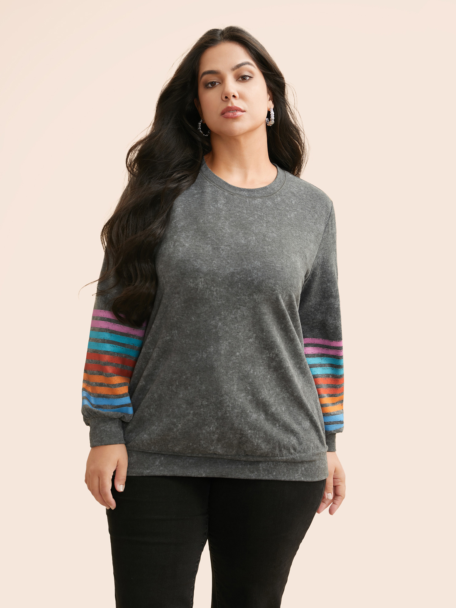 

Plus Size Vintage Colored Striped Crew Neck Sweatshirt Women DimGray Casual Contrast Round Neck Everyday Sweatshirts BloomChic