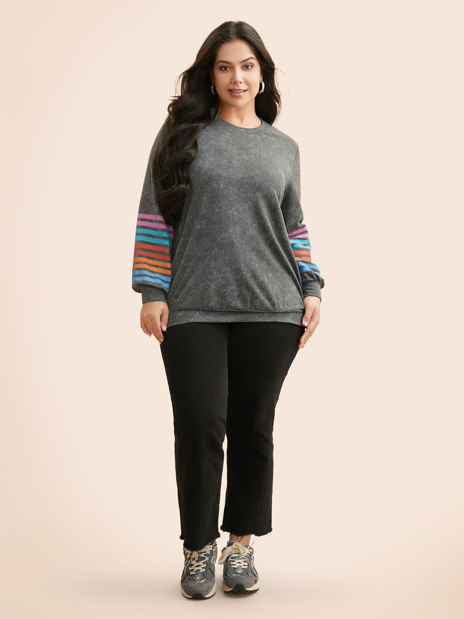 Plus Size Vintage Colored Striped Crew Neck Sweatshirt Women DimGray Casual Contrast Round Neck Everyday Sweatshirts BloomChic 14-16/1X 
