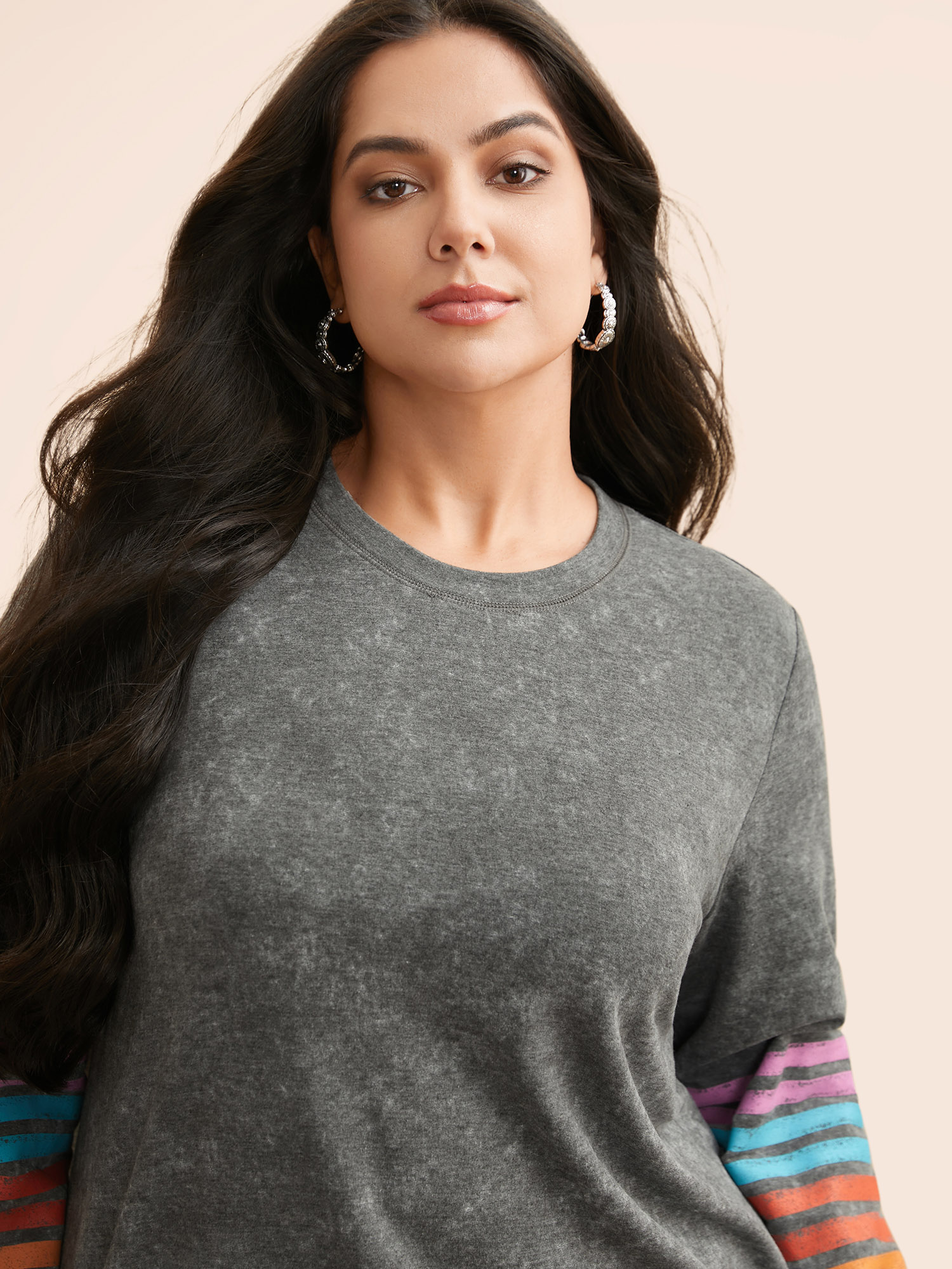 Plus Size Vintage Colored Striped Crew Neck Sweatshirt Women DimGray Casual Contrast Round Neck Everyday Sweatshirts BloomChic 14-16/1X 