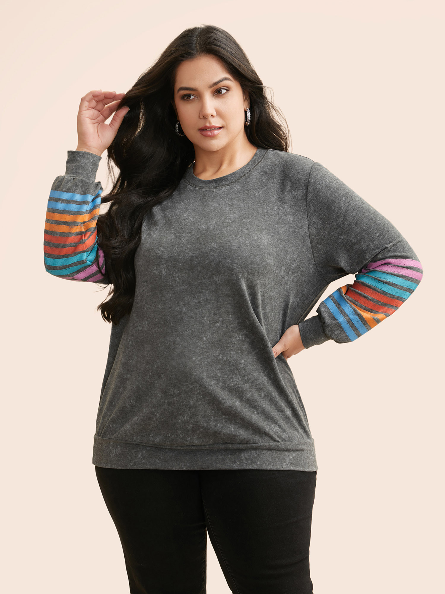 Plus Size Vintage Colored Striped Crew Neck Sweatshirt Women DimGray Casual Contrast Round Neck Everyday Sweatshirts BloomChic 14-16/1X 