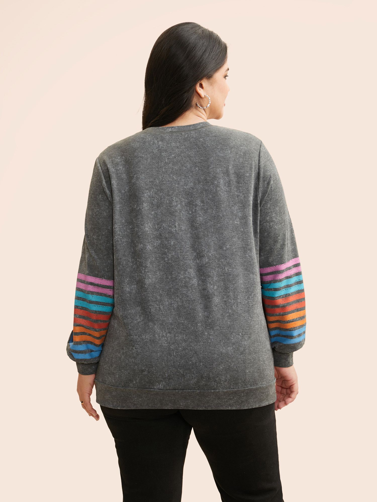 Plus Size Vintage Colored Striped Crew Neck Sweatshirt Women DimGray Casual Contrast Round Neck Everyday Sweatshirts BloomChic 14-16/1X 