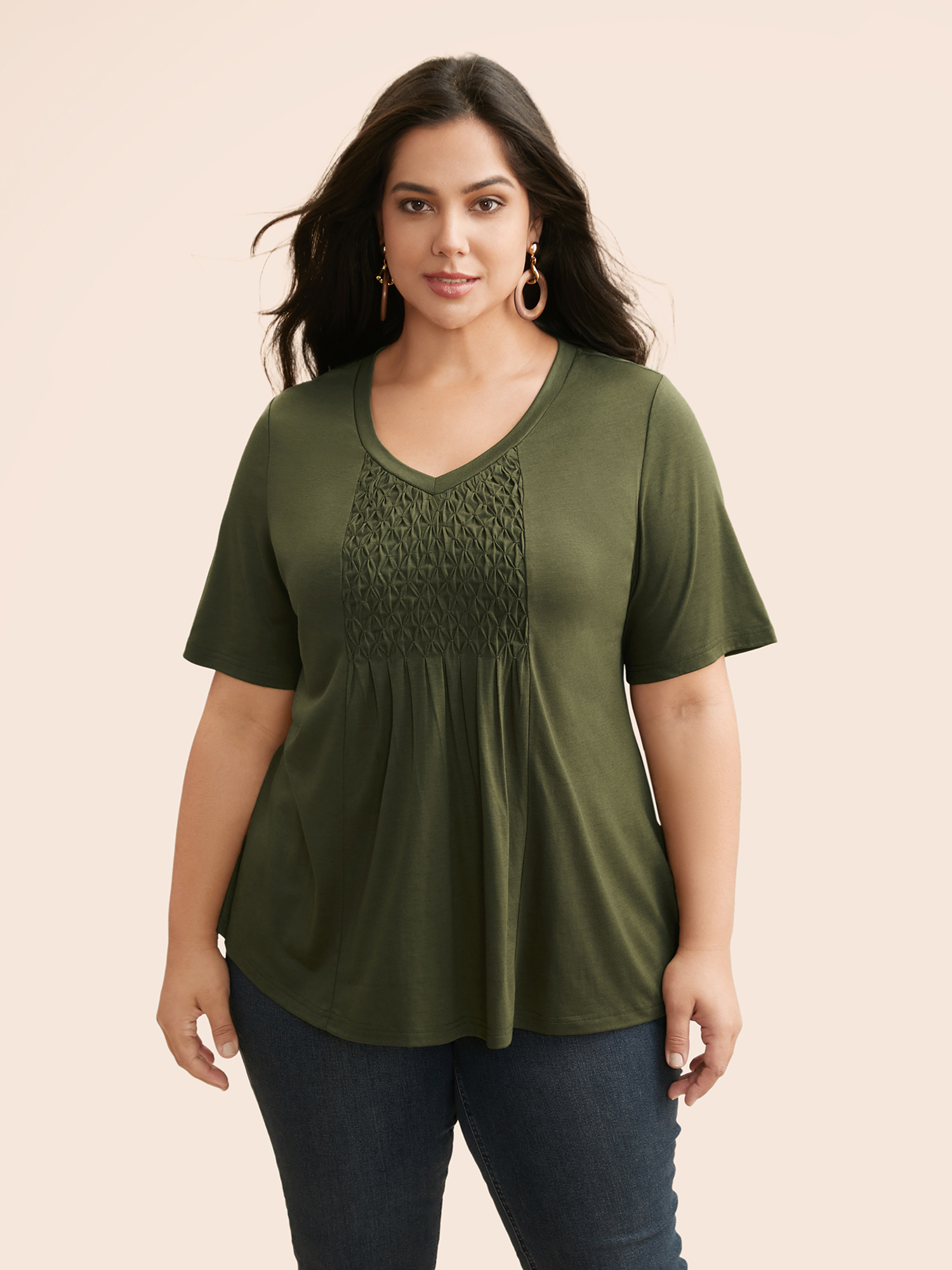 

Plus Size V Neck Shirred Patchwork Jersey Top ArmyGreen V-neck Short sleeve Elegant Jersey Tops