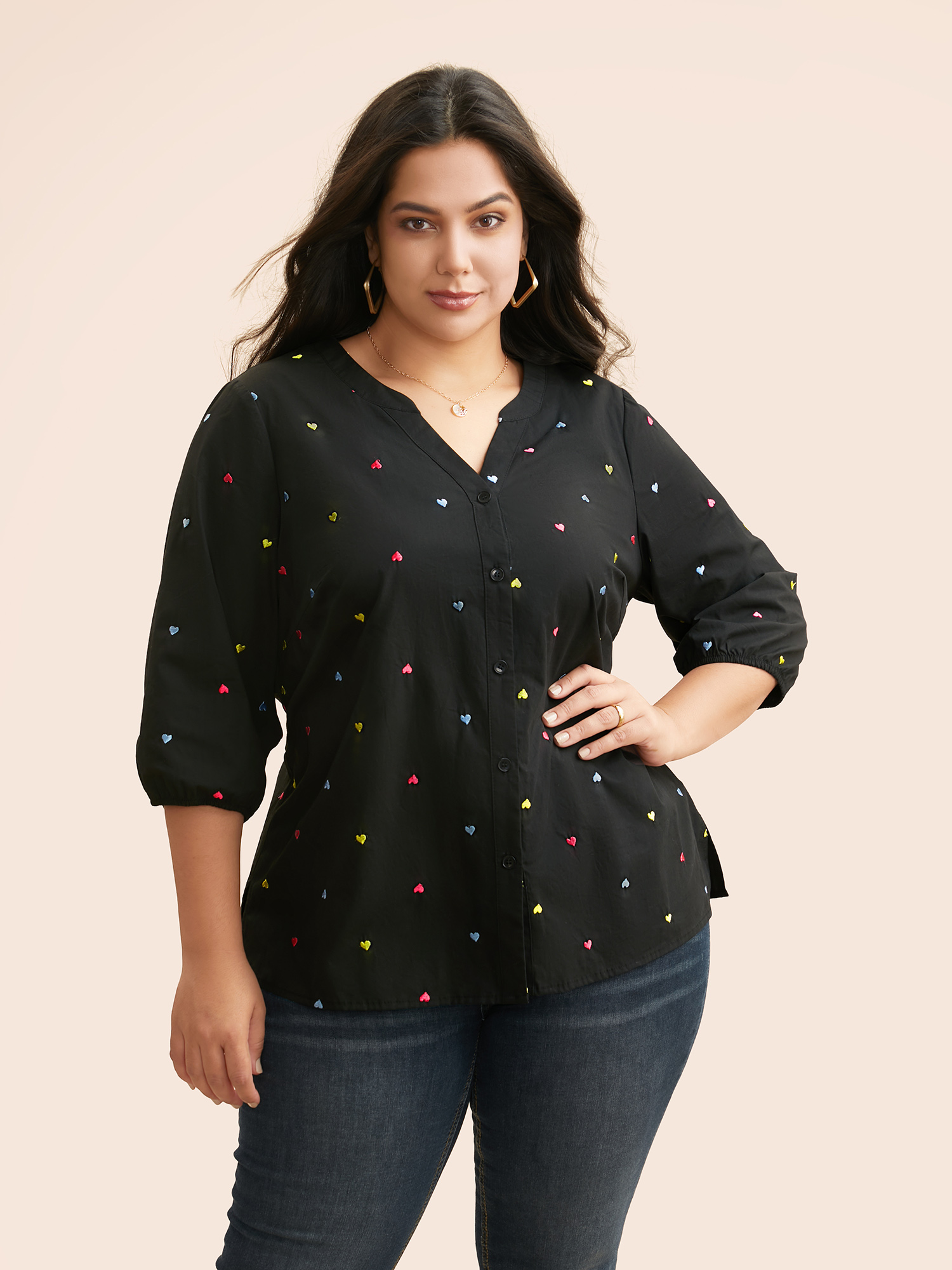 

Plus Size Heart Embroidered Notched Collar Gathered Shirt Black Elbow-length sleeve Notched collar Casual Shirts