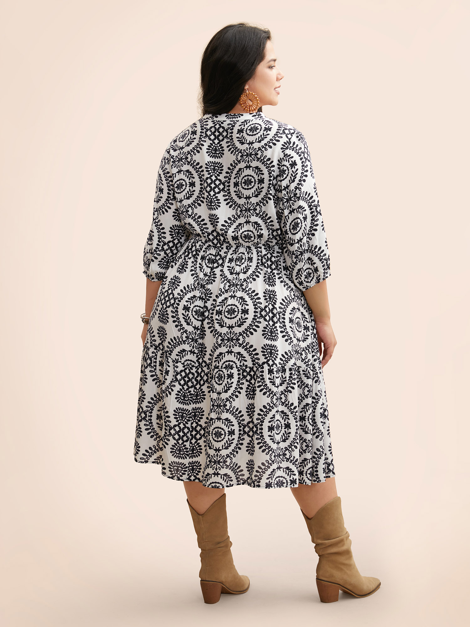 

Plus Size Damask Print Tie Knot Puff Sleeve Dress Midnight Women Resort Tie knot V-neck Elbow-length sleeve Curvy BloomChic