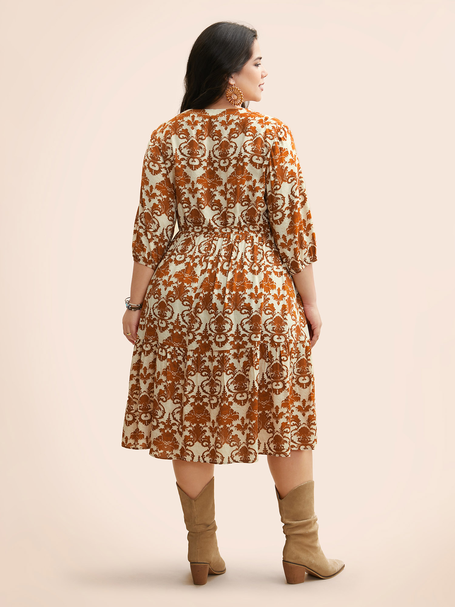 

Plus Size Boho Print Tie Knot Puff Sleeve Dress Russet Women Resort Tie knot V-neck Elbow-length sleeve Curvy BloomChic